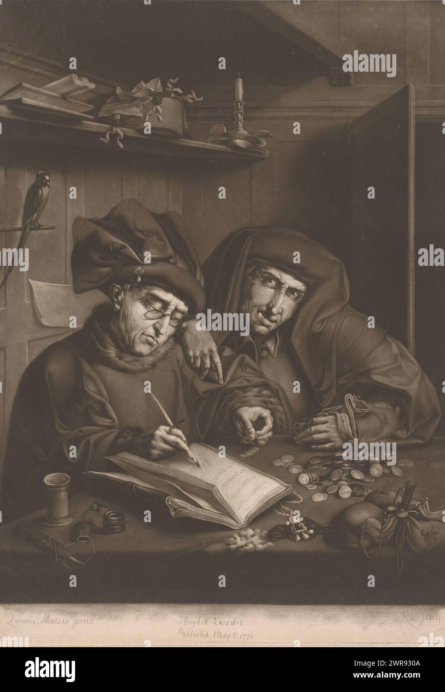 Two Publisher, Two Tax Collectors, The Misers, Printmacher: Richard Earlom, nach Malerei von: Quinten Massijs (I), Verlag: John Boydell, London, 8. Mai 1770, Papier, Höhe 357 mm x Breite 252 mm, bedruckt Stockfoto