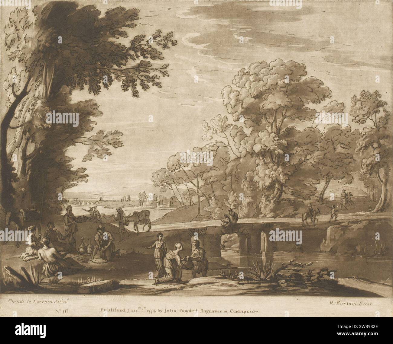 Landschaft mit Steinbrücke und vier Figuren, die zu essen sind, Drucke nach Zeichnungen von Claude Lorrain (Serientitel), Liber Veritatis. Oder eine Sammlung von zweihundert Drucken, nach den Originalentwürfen von Claude le Lorrain (...) (Titel der Serie), Druckerei: Richard Earlom, nach Zeichnung von: Claude Lorrain, Herausgeber: John Boydell, London, 1. Januar 1774, Papier, Ätzen, Höhe 210 mm x Breite 258 mm, bedruckt Stockfoto