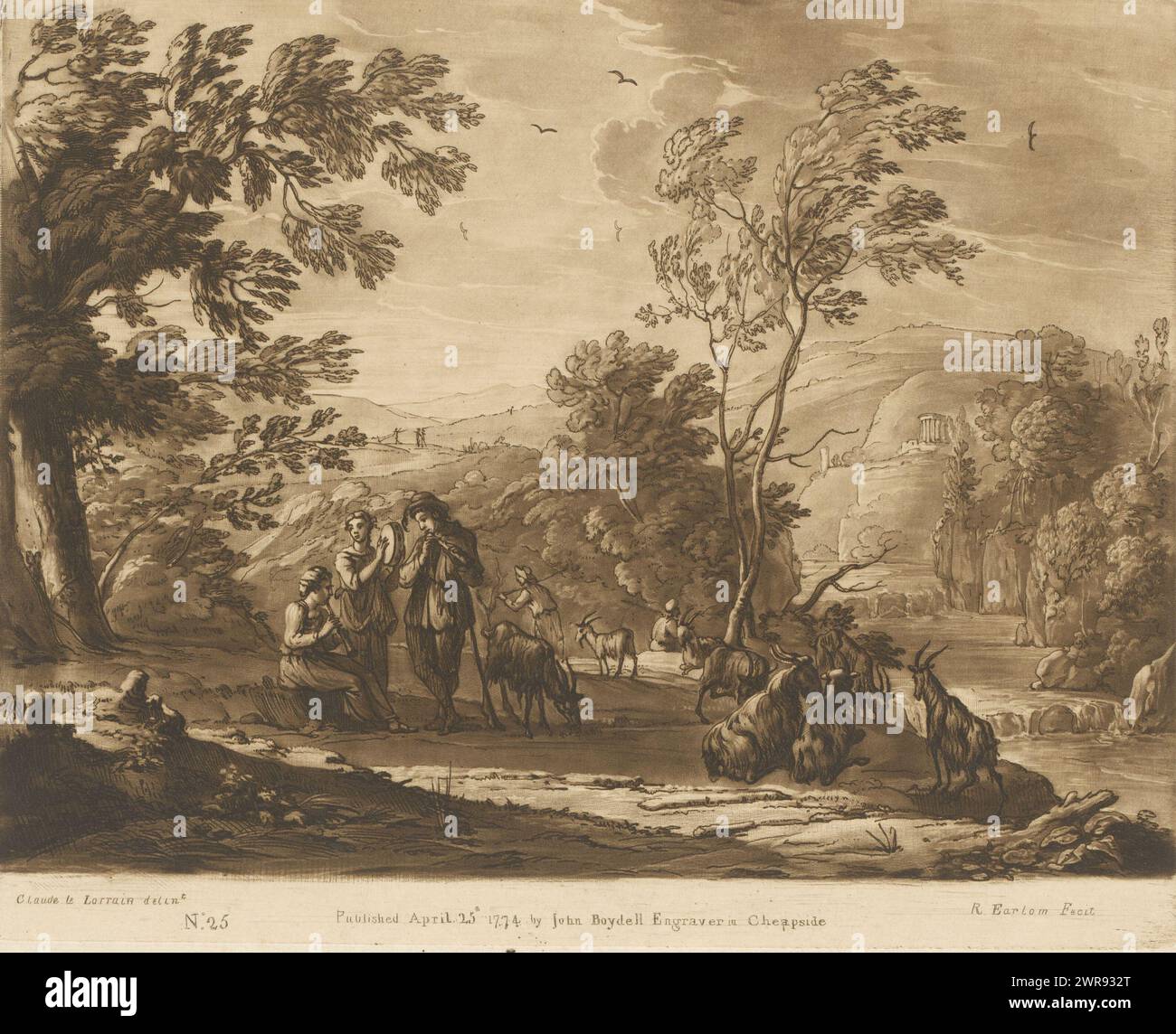 Hügelige Landschaft mit Vieh und drei Hirten, die Musik machen, Drucke nach Zeichnungen von Claude Lorrain (Serientitel), Liber Veritatis. Oder eine Sammlung von zweihundert Drucken, nach den Originalentwürfen von Claude le Lorrain (...) (Titel der Serie), Druckerei: Richard Earlom, nach Zeichnung von: Claude Lorrain, Verlag: John Boydell, London, 25. April 1774, Papier, Ätzen, Höhe 207 mm x Breite 256 mm, bedruckt Stockfoto