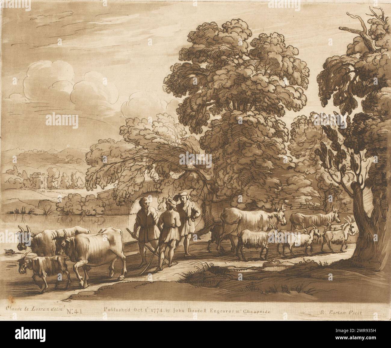 Landschaft mit Rindern und drei sprechenden Hirten am Ufer, Drucke nach Zeichnungen von Claude Lorrain (Serientitel), Liber Veritatis. Oder eine Sammlung von zweihundert Drucken, nach den Originalentwürfen von Claude le Lorrain (...) (Titel der Serie), Druckerei: Richard Earlom, nach Zeichnung von: Claude Lorrain, Verlag: John Boydell, London, 1. Oktober 1774, Papier, Ätzen, Höhe 207 mm x Breite 257 mm, bedruckt Stockfoto