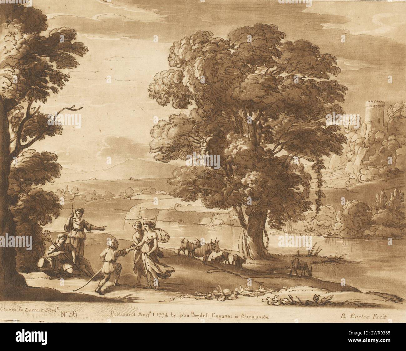 Landschaft mit fünf Hirten und Rindern am Flussufer, Drucke nach Zeichnungen von Claude Lorrain (Serientitel), Liber Veritatis. Oder eine Sammlung von zweihundert Drucken, nach den Originalentwürfen von Claude le Lorrain (...) (Titel der Serie), Druckerei: Richard Earlom, nach Zeichnung von: Claude Lorrain, Verlag: John Boydell, London, 1. August 1774, Papier, Ätzen, Höhe 204 mm x Breite 258 mm, bedruckt Stockfoto