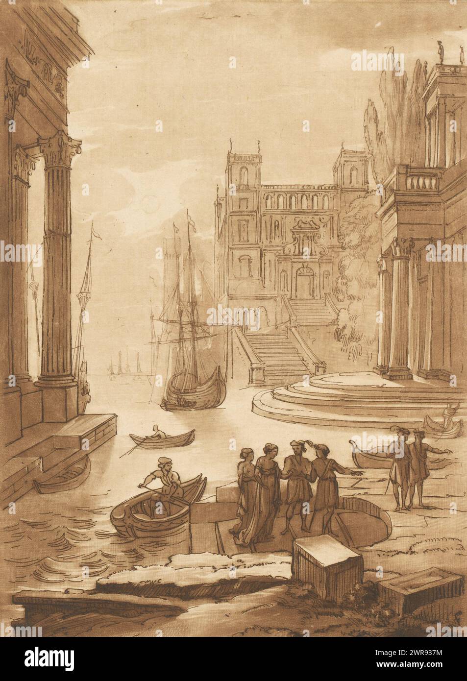 Seehafen mit sechs Figuren an Land und drei Gebäuden, Drucke nach Zeichnungen von Claude Lorrain (Serientitel), Liber Veritatis. Oder eine Sammlung von zweihundert Drucken, nach den Originalentwürfen von Claude le Lorrain (...) (Titel der Serie), Druckerei: Richard Earlom, nach Zeichnung von: Claude Lorrain, Herausgeber: John Boydell, London, 1. November 1774, Papier, Ätzen, Höhe 272 mm x Breite 191 mm, bedruckt Stockfoto