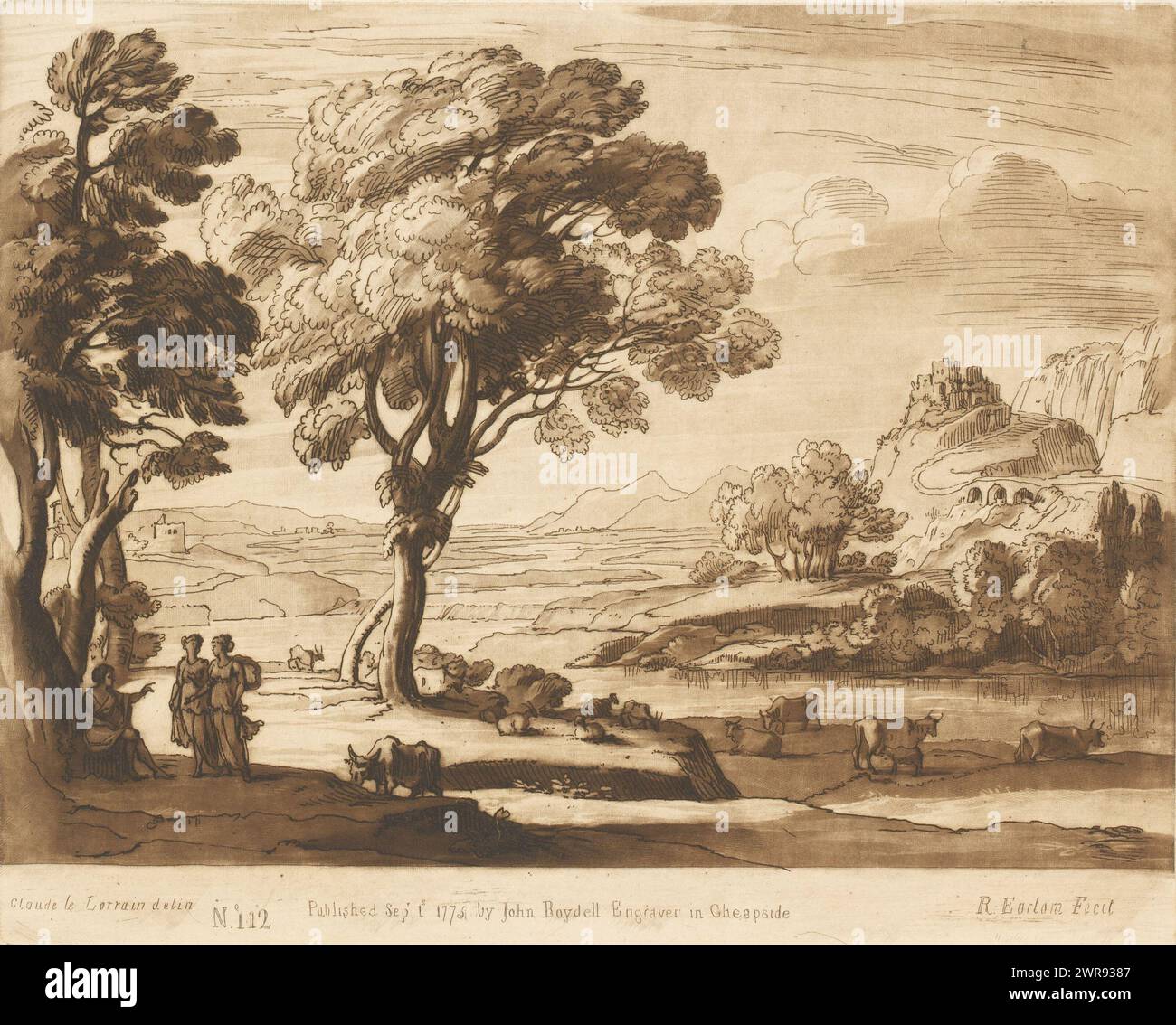 Landschaft mit drei Figuren am Fluss und Burg auf einem Hügel, Drucke nach Zeichnungen von Claude Lorrain (Serientitel), Liber Veritatis. Oder eine Sammlung von zweihundert Drucken, nach den Originalentwürfen von Claude le Lorrain (...) (Titel der Serie), Druckerei: Richard Earlom, nach Zeichnung von: Claude Lorrain, Verlag: John Boydell, London, 1. September 1775, Papier, Ätzen, Höhe 206 mm x Breite 257 mm, bedruckt Stockfoto