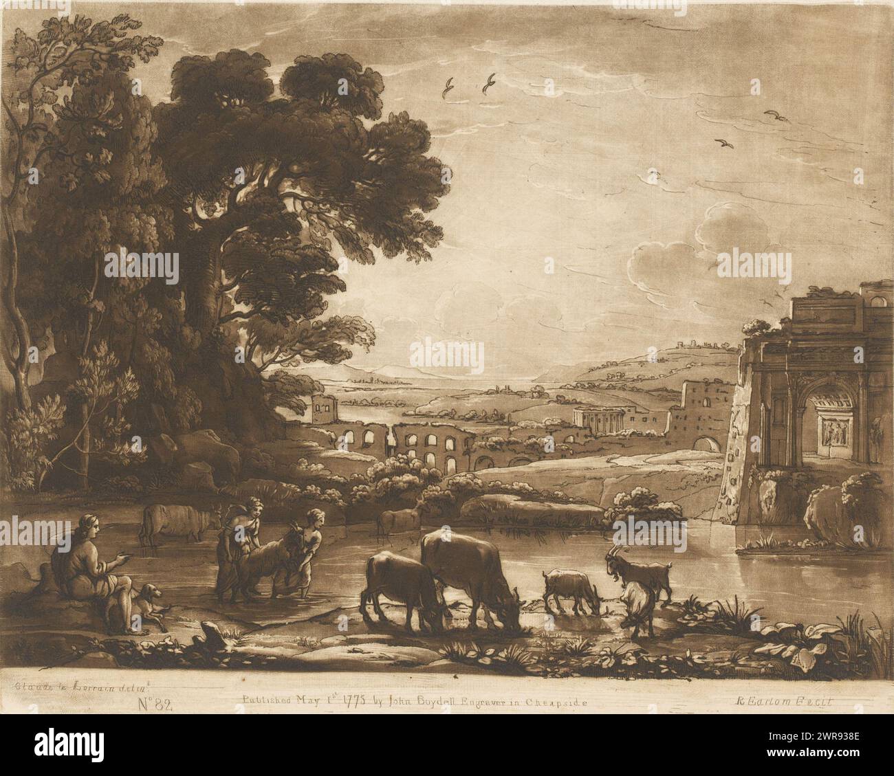 Landschaft mit Hirten, Vieh und Triumphbogen um einen See, Drucke nach Zeichnungen von Claude Lorrain (Serientitel), Liber Veritatis. Oder eine Sammlung von zweihundert Drucken, nach den Originalentwürfen von Claude le Lorrain (...) (Titel der Serie), Druckerei: Richard Earlom, nach Zeichnung von: Claude Lorrain, Verlag: John Boydell, London, 1. Mai 1775, Papier, Ätzen, Höhe 208 mm x Breite 257 mm, bedruckt Stockfoto