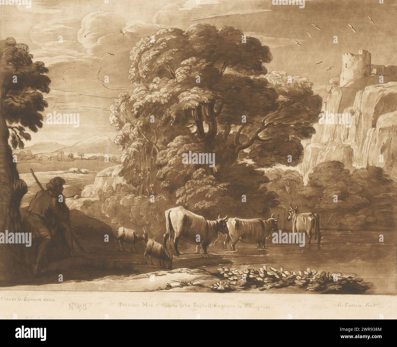 Landschaft mit einem Hirten, zwei Ziegen und drei Ochsen in der Nähe eines Sees, Drucke nach Zeichnungen von Claude Lorrain (Serientitel), Liber Veritatis. Oder eine Sammlung von zweihundert Drucken, nach den Originalentwürfen von Claude le Lorrain (...) (Titel der Serie), Druckerei: Richard Earlom, nach Zeichnung von: Claude Lorrain, Verlag: John Boydell, London, 1. Mai 1775, Papier, Ätzen, Höhe 206 mm x Breite 259 mm, bedruckt Stockfoto