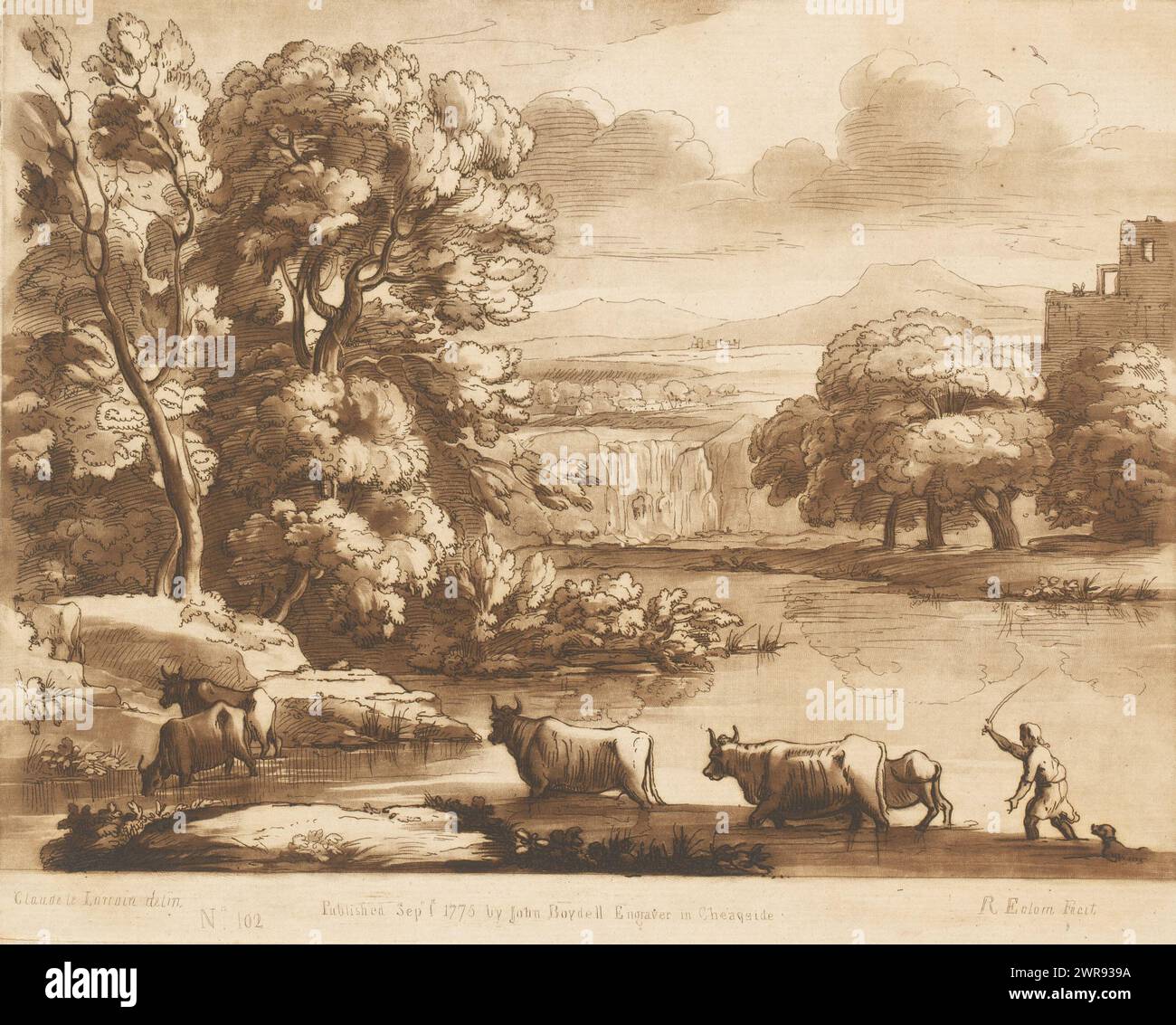 Landschaft mit Wasserfall und fünf Ochsen und Hirten, die einen Fluss überqueren, Drucke nach Zeichnungen von Claude Lorrain (Serientitel), Liber Veritatis. Oder eine Sammlung von zweihundert Drucken, nach den Originalentwürfen von Claude le Lorrain (...) (Titel der Serie), Druckerei: Richard Earlom, nach Zeichnung von: Claude Lorrain, Verlag: John Boydell, London, 1. September 1775, Papier, Ätzen, Höhe 208 mm x Breite 258 mm, bedruckt Stockfoto