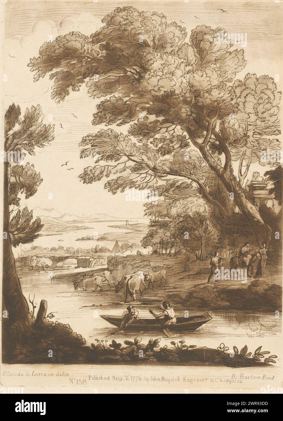 Landschaft mit Ruderboot auf einem Fluss und Flug nach Ägypten, Drucke nach Zeichnungen von Claude Lorrain (Serientitel), Liber Veritatis. Oder eine Sammlung von zweihundert Drucken, nach den Originalentwürfen von Claude le Lorrain (...) (Titel der Serie), Druckerei: Richard Earlom, nach Zeichnung von: Claude Lorrain, Verlag: John Boydell, London, 2. September 1776, Papier, Ätzen, Höhe 266 mm x Breite 192 mm, bedruckt Stockfoto