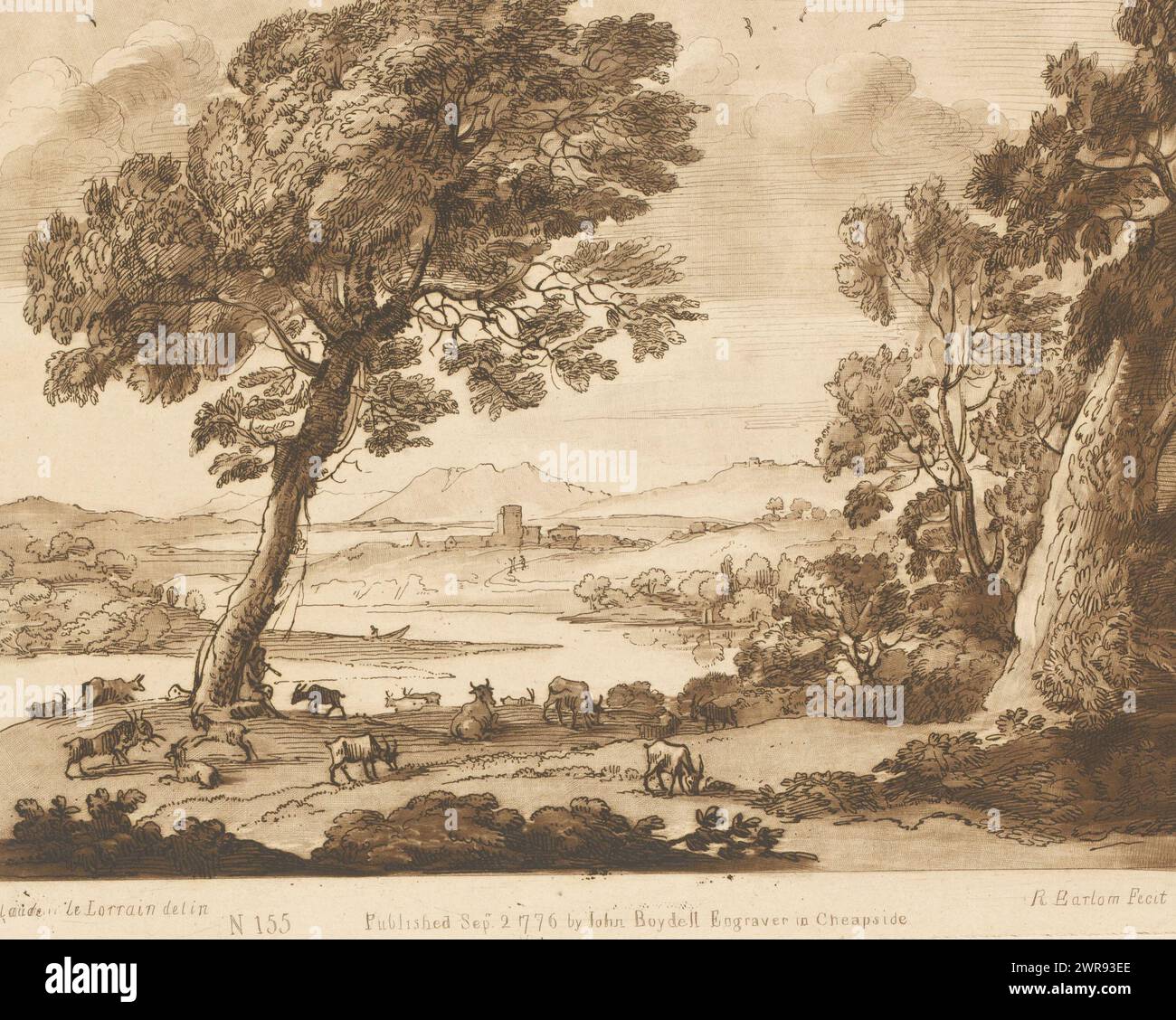 Landschaft mit Ziegen und einem flötenspielenden Hirten in der Nähe eines Sees, Drucke nach Zeichnungen von Claude Lorrain (Serientitel), Liber Veritatis. Oder eine Sammlung von zweihundert Drucken, nach den Originalentwürfen von Claude le Lorrain (...) (Titel der Serie), Druckerei: Richard Earlom, nach Zeichnung von: Claude Lorrain, Verlag: John Boydell, London, 2. September 1776, Papier, Ätzen, Höhe 206 mm x Breite 260 mm, bedruckt Stockfoto