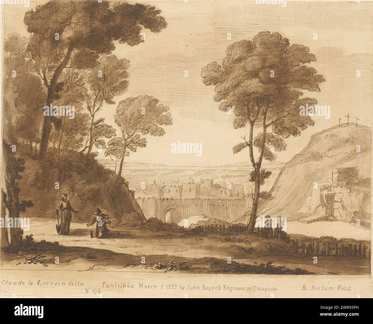 Landschaft mit Christus als Gärtner für Maria Magdalene (Noli me tangere), Drucke nach Zeichnungen von Claude Lorrain (Serientitel), Liber Veritatis. Oder eine Sammlung von zweihundert Drucken, nach den Originalentwürfen von Claude le Lorrain (...) (Titel der Serie), rechts ein Blick auf Golgotha., Druckerei: Richard Earlom, nach Zeichnung von: Claude Lorrain, Verlag: John Boydell, London, 1. März 1777, Papier, Ätzen, Höhe 207 mm x Breite 258 mm, bedruckt Stockfoto