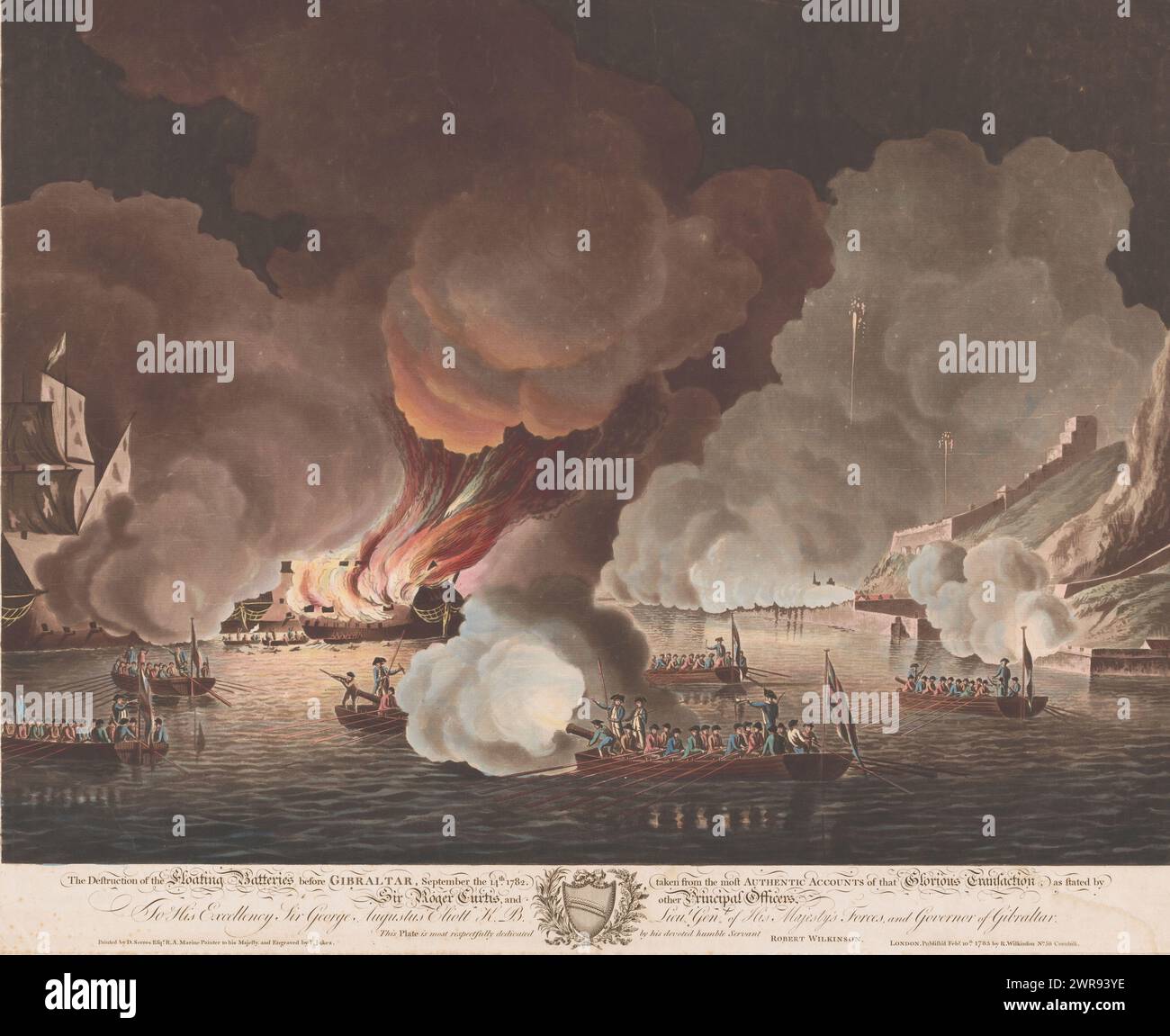 Zerstörung von Schiffen vor Gibraltar, 14. September 1782, Zerstörung der schwimmenden Batterien vor Gibraltar, 14. September 1782 (...) (Titel zum Objekt), Druckerei: Francis Jukes, nach Malerei von: Dominic Serres (I), Verlag: Robert Wilkinson, London, Februar 1783, Papier, Ätzen, Höhe 489 mm, Breite 625 mm, Druck Stockfoto