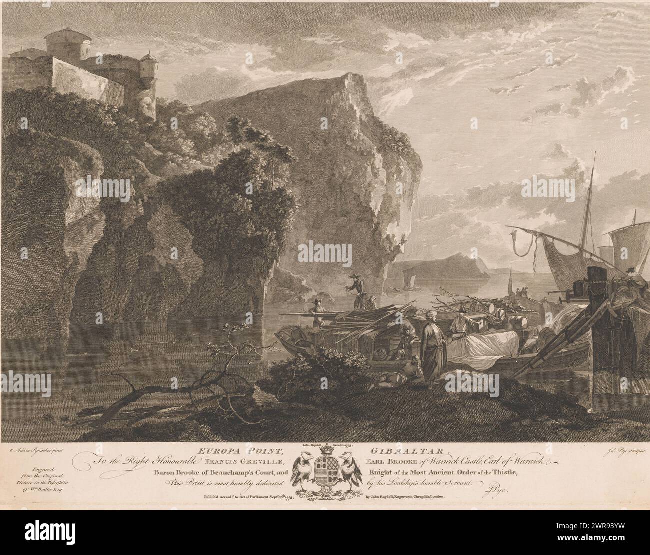 View of Europa Point, Gibraltar, Europa Point, Gibraltar (Titel zum Objekt), Druckerei: John Pye (I), nach Malerei von: Adam Pijnacker, Verlag: John Boydell, London, September 1773, Papier, Ätzen, Höhe 429 mm x Breite 570 mm, bedruckt Stockfoto