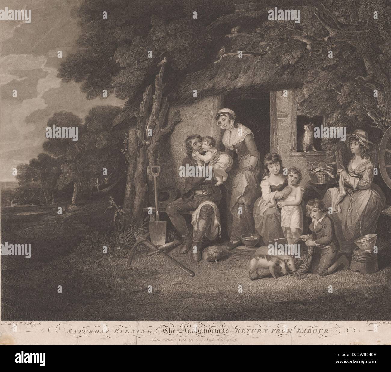 A Father's Return to His Family, Saturday Evening, The Husbandman's Return from Labor (Titel über Objekt), Druckerei: William Nutter, nach dem Malen von: William Redmore Bigg, Verlag: John Brydon, London, 1795, Papier, Ätzen, Höhe 512 mm x Breite 608 mm, bedruckt Stockfoto