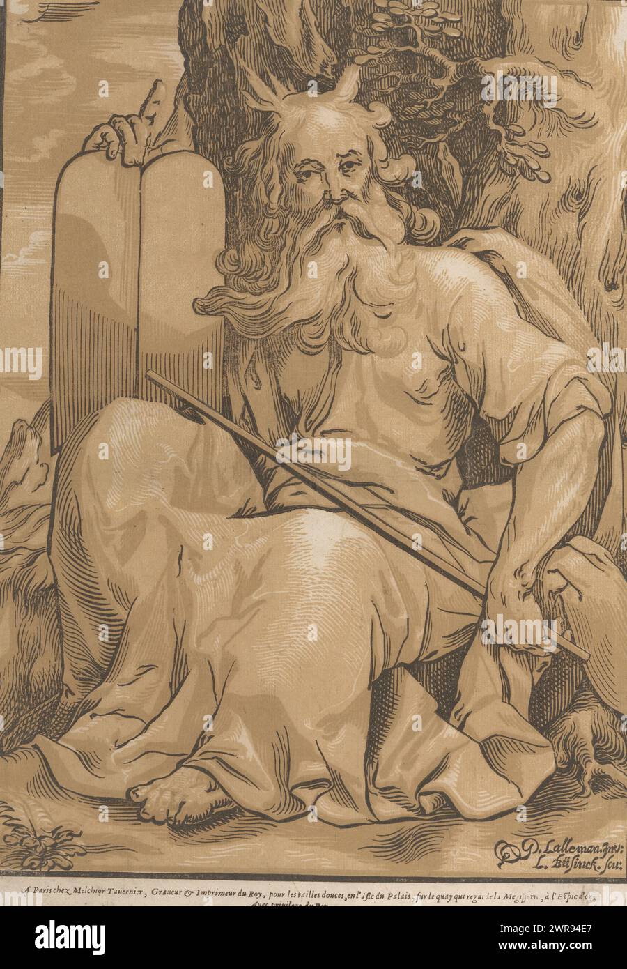 Moses, Druckerei: Ludwig Büsinck, nach Entwurf: Georges Lallemand, Verlag: Melchior Tavernier, 1600 - 1669, Papier, Höhe 388 mm x Breite 283 mm, Druck Stockfoto