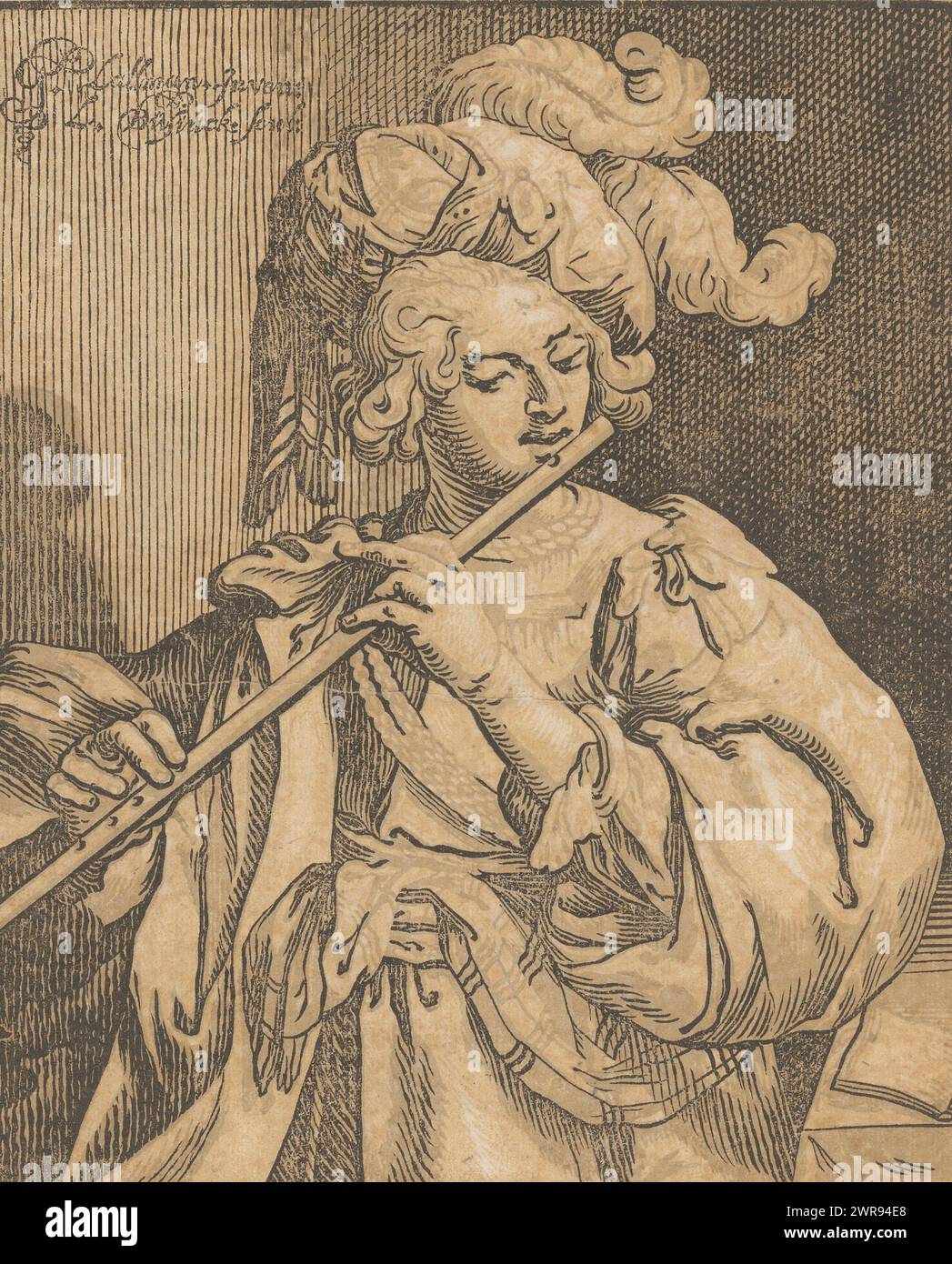 Flötenspieler, Druckerei Ludwig Büsinck, nach Entwurf von: Georges Lallemand, Verlag: Melchior Tavernier, (möglicherweise), 1600 - 1643, Papier, Höhe 259 mm x Breite 212 mm, bedruckt Stockfoto