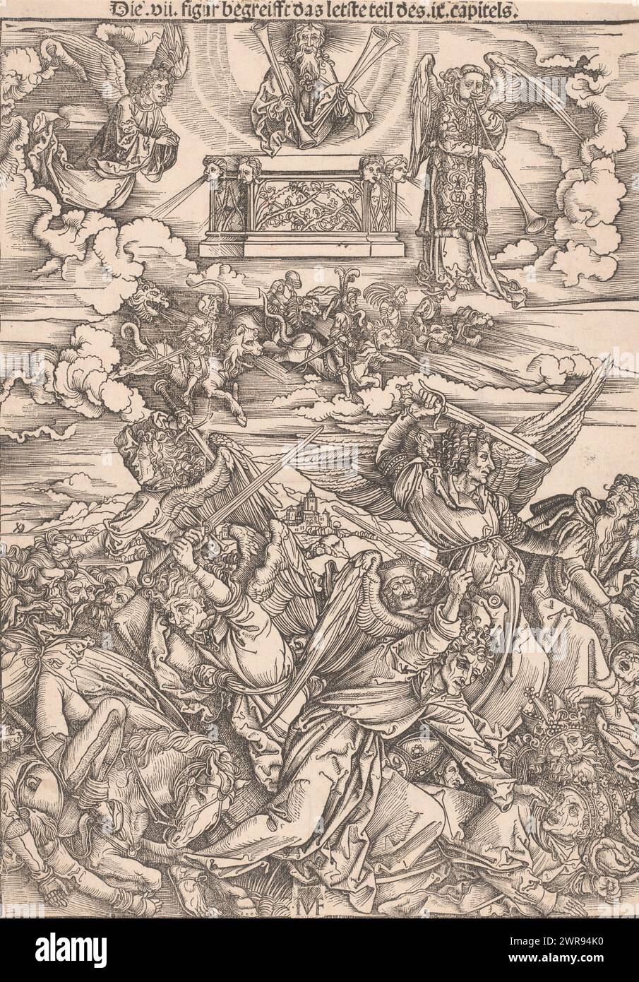 Die sechste Trompete, Kopien nach Dürers Apokalypse (Serientitel), ließ die sechste Trompete die vier Todesengel mit ihrer Kavallerie frei, die auf Pferden mit feuerspeienden Löwenköpfen und Schlangenschwänzen reiteten. Sie schlachten Papst, König und Volk mit ihren Schwertern ab. Gott wacht vom Himmel mit Trompeten in der Hand., Druckerei: Ieronimus Greff von Frankfurt, nach Druck: Albrecht Dürer, 1502, Papier, Höhe 390 mm x Breite 280 mm, Druck Stockfoto