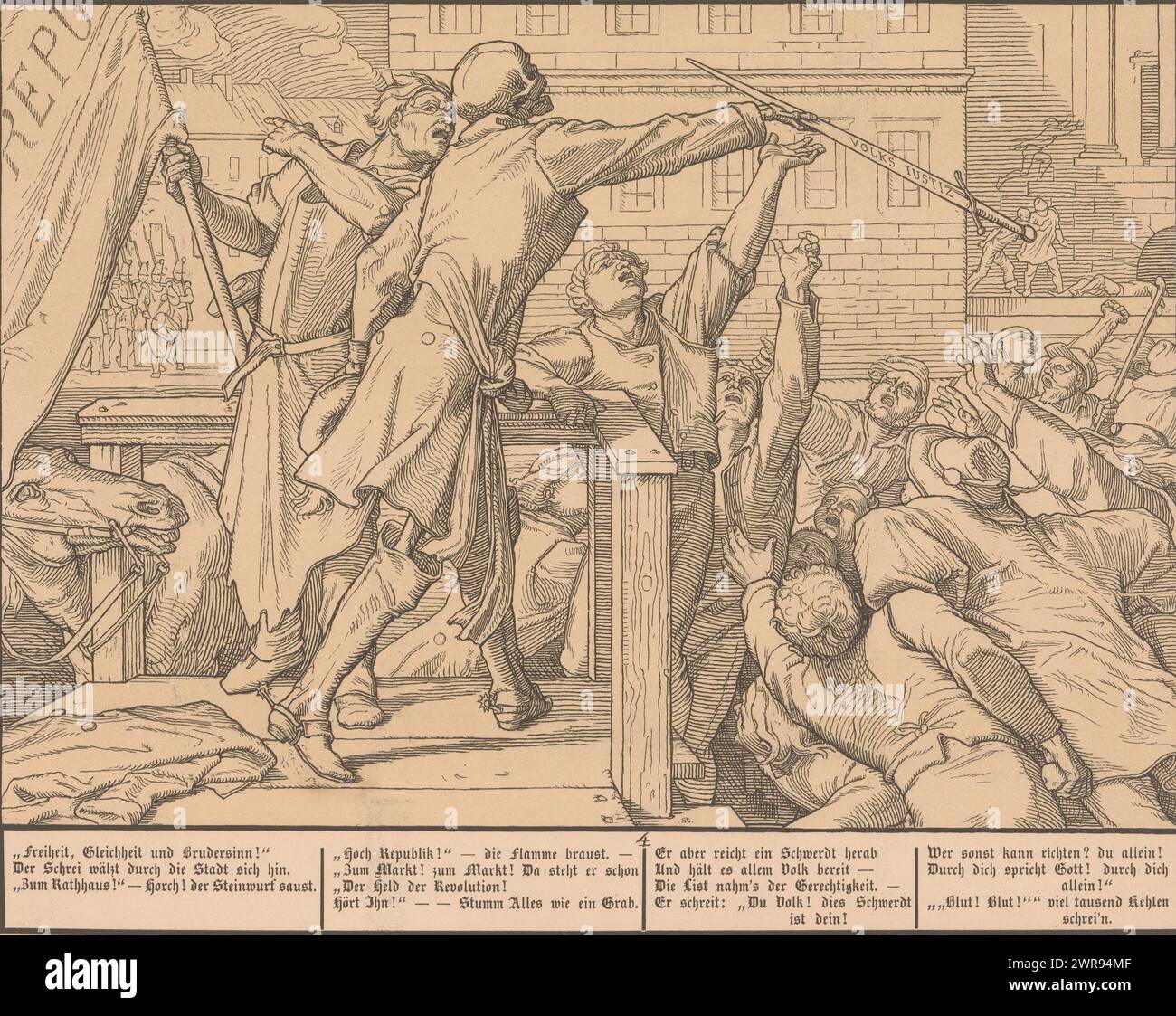 Der Tod als Volksredner, neuer Tanz des Todes (Serientitel), Allegory über die Revolution in den deutschen Ländern von 1848: Ein Totentanz aus dem Jahre 1848, Volksschrift van Augustus., Druckerei: Gustav Richard Steinbrecher, nach Zeichnung: Alfred Rethel, Drucker: Friedrich Arnold Brockhaus (I), 1848 - 1849, Papier, Höhe 224 mm x Breite 318 mm, Druck Stockfoto