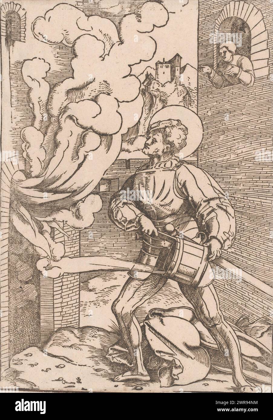 Saint Florian, Druckerei: Anonym, nach Entwurf von: Monogrammist IS, 1500 - 1550, Papier, Höhe 288 mm x Breite 198 mm, Druck Stockfoto