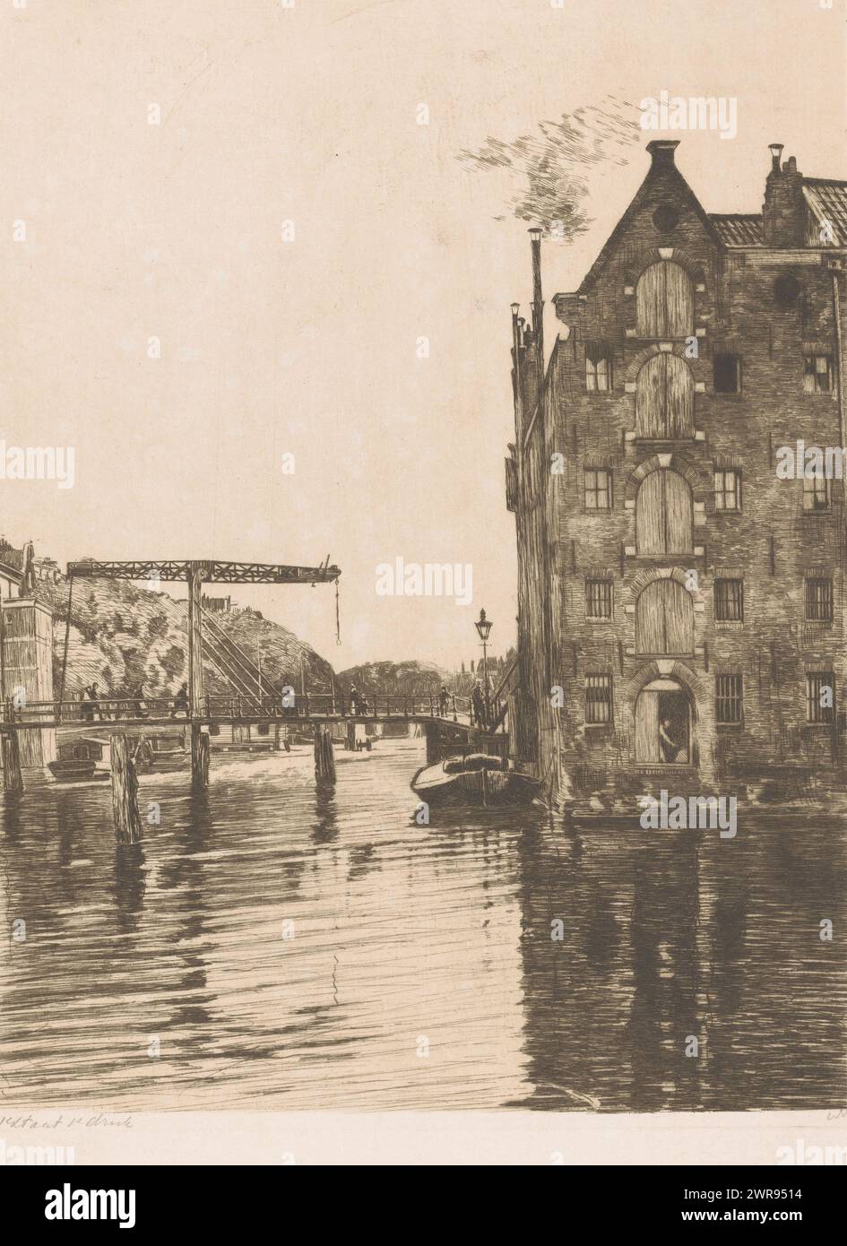 Ansicht der Lagerhäuser auf dem Wasser und einer Hebebrücke, Lagerhäuser auf Uilenburg (Originaltitel), Druckerei: Willem Witsen, (signiert vom Künstler), um 1911, Papier, Ätzen, Höhe 470 mm x Breite 360 mm, bedruckt Stockfoto