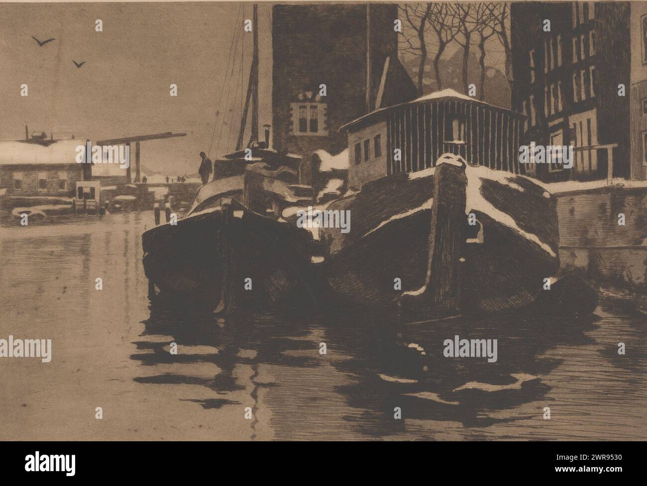 Zwei Boote in der Oude Schans in Amsterdam, zwei Boote in der Oude Schans (Originaltitel), Druckerei: Willem Witsen, ca. 1913 - ca. 1919, Papier, Ätzen, Höhe 296 mm x Breite 426 mm, Druck Stockfoto