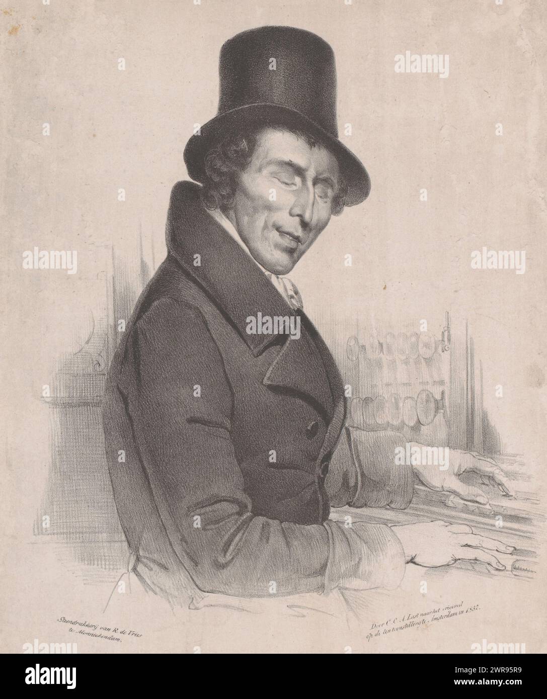 Porträt von Daniel Brachthuiser, der blinde Organist sitzt hinter seiner Orgel und berührt die Tasten. Er trägt einen Hut., Druckerei: Carel Christiaan Antony Last, nach dem Malen von: Carel Christiaan Antony Last, Drucker: Ruurt de Vries, Druckerei: Niederlande, nach dem Malen von: Niederlande, Drucker: Monnickendam, 1832, Papier, Höhe 310 mm x Breite 260 mm, Druck Stockfoto