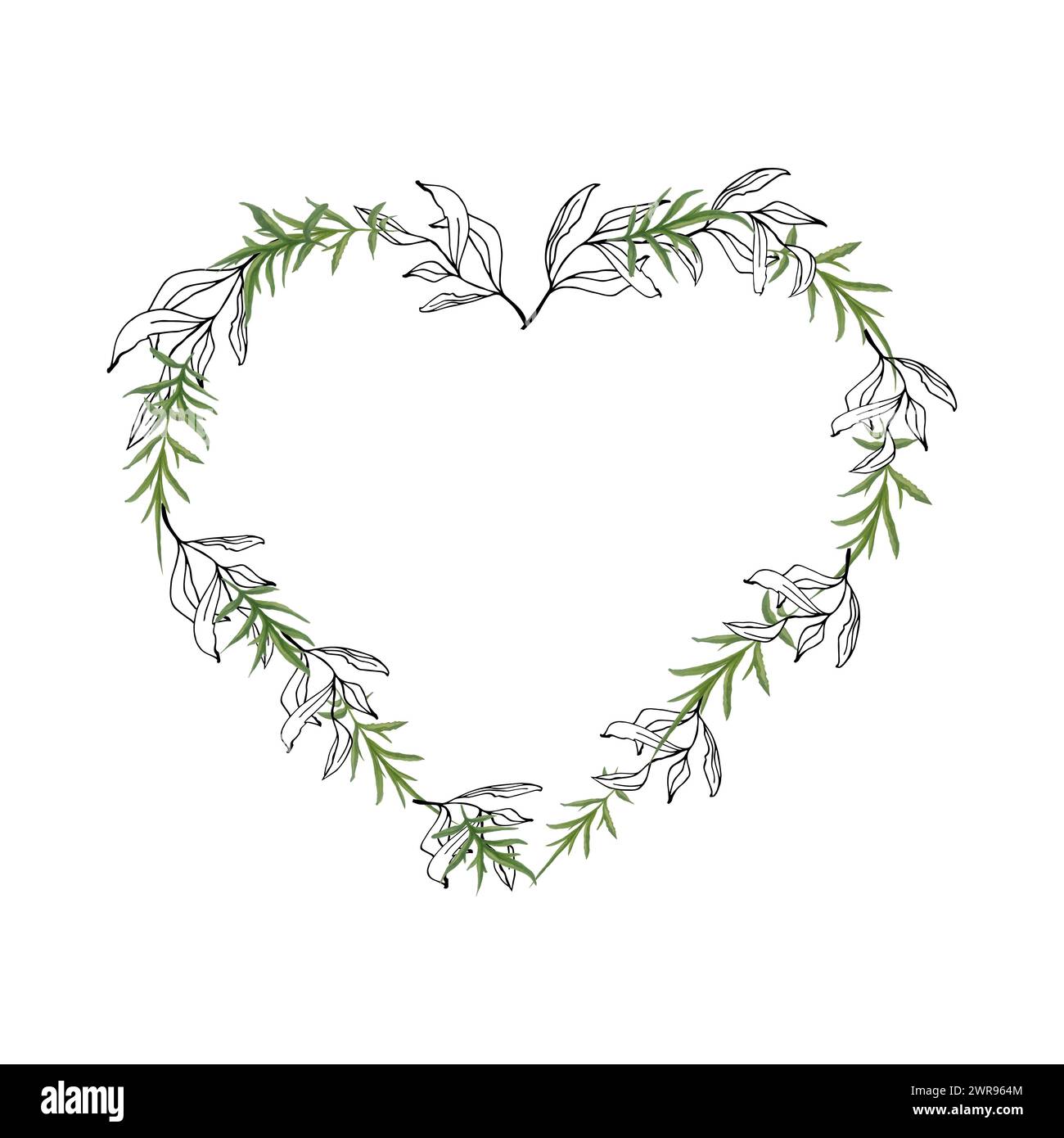 Grüne Aquarelle und Linie Art Blätter und Zweige Herzen Rahmen Kranz, Hand gezeichnete Botanik Rahmen Vorlage für Hochzeit Einladung oder Karten, Vektor Backgr Stock Vektor