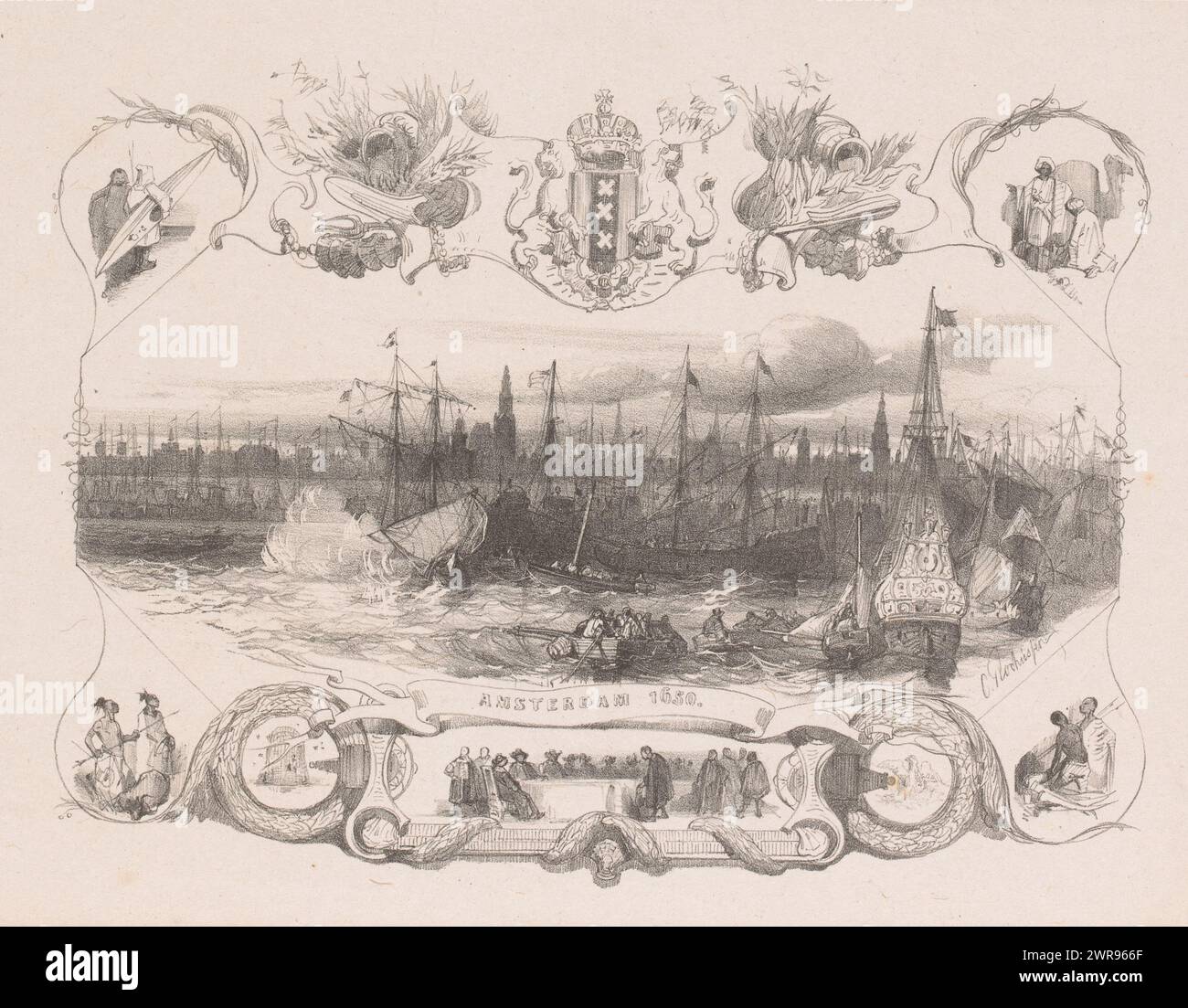 Schiffe auf See vor Amsterdam, Amsterdam 1650 (Titel auf Objekt), Schiffe auf See mit Blick auf Amsterdam im Hintergrund. Rund um das Wappen von Amsterdam und verschiedene Szenen, die auf das Blühen der Stadt im 17. Jahrhundert hinweisen. Im letzten Akt der Tragödie fordert der Erzengel Raphael Gijsbrecht auf, Amsterdam zu verlassen und die Stadt in späteren Jahrhunderten wieder zu erheben., Druckerei: Charles Rochussen, Verlag: Nederlandsche Maatschappij van Schoone Kunsten, den Haag, in oder vor 1841, Papier, Höhe 267 mm x Breite 338 mm Stockfoto