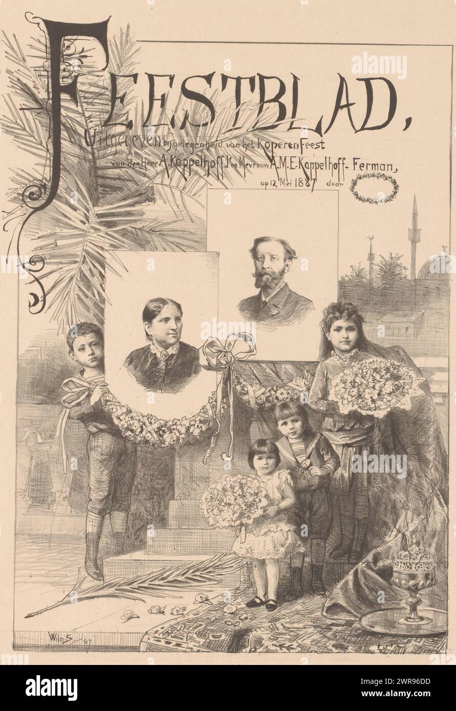 Vier Kinder mit Porträts von Herrn und Frau Kappelhoff, Parteimagazin, erschienen anlässlich der Copper Party von Herrn A Kappelhoof Jr. und Frau A.M.E. Kappelhoff-Ferman, am 12. Mai 1887 (Titel zum Objekt), die Porträts von Abraham Kappelhoff und seiner Frau Anna Maria Elisabeth Kappelhoff-Ferman. Links und rechts sind zwei Jungen und zwei Mädchen mit Girlanden- und Blumenarrangements., Druckerei: Willem Steelink (II), Niederlande, 1887, Papier, Höhe 381 mm x Breite 252 mm, Druck Stockfoto