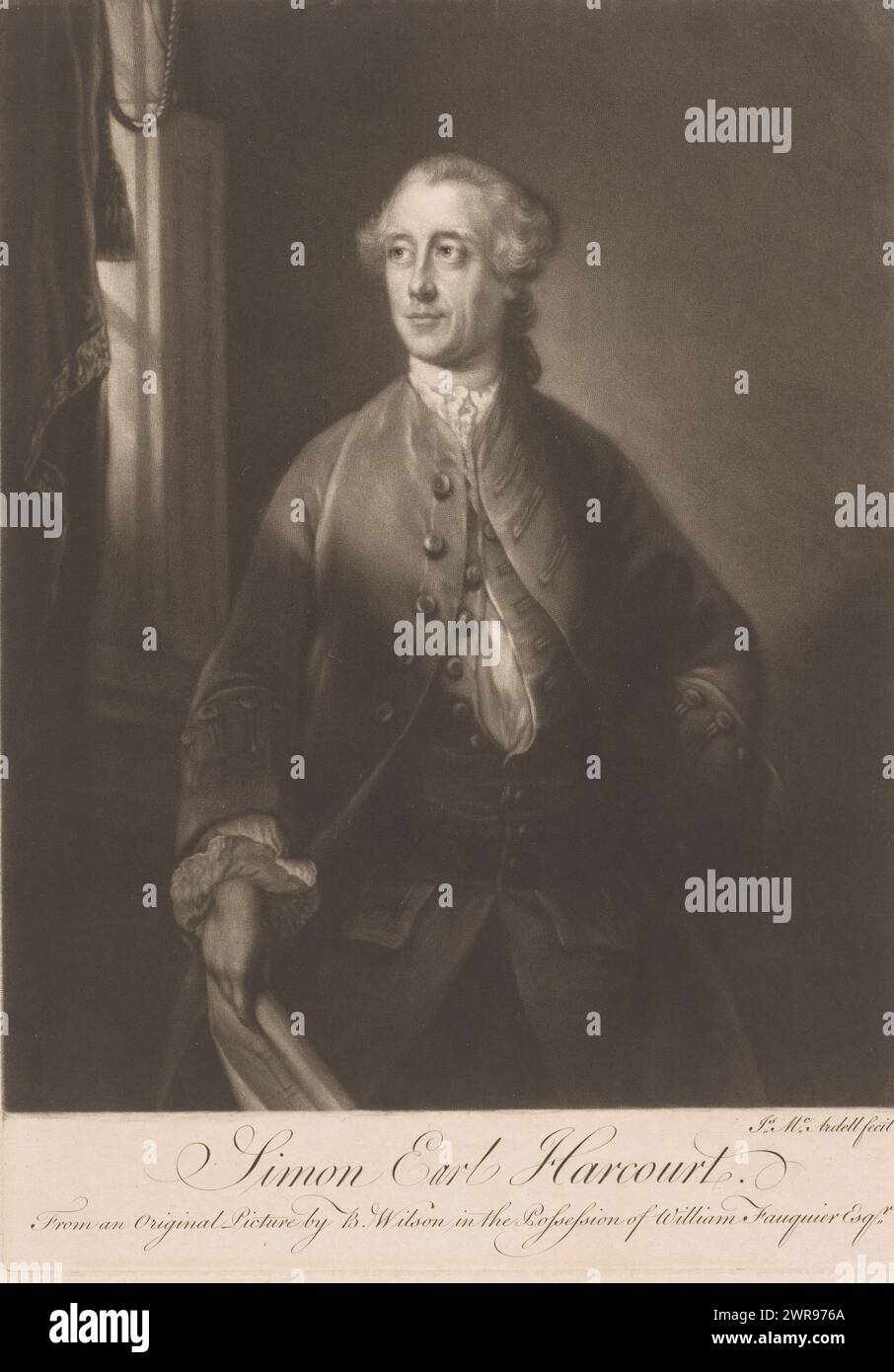 Porträt von Simon Harcourt, Simon Earl Harcourt (Titel über Objekt), Druckerei: James McArdell, nach Malerei von Benjamin Wilson, London, 1749–1765, Papier, Höhe 350 mm x Breite 249 mm, Druck Stockfoto