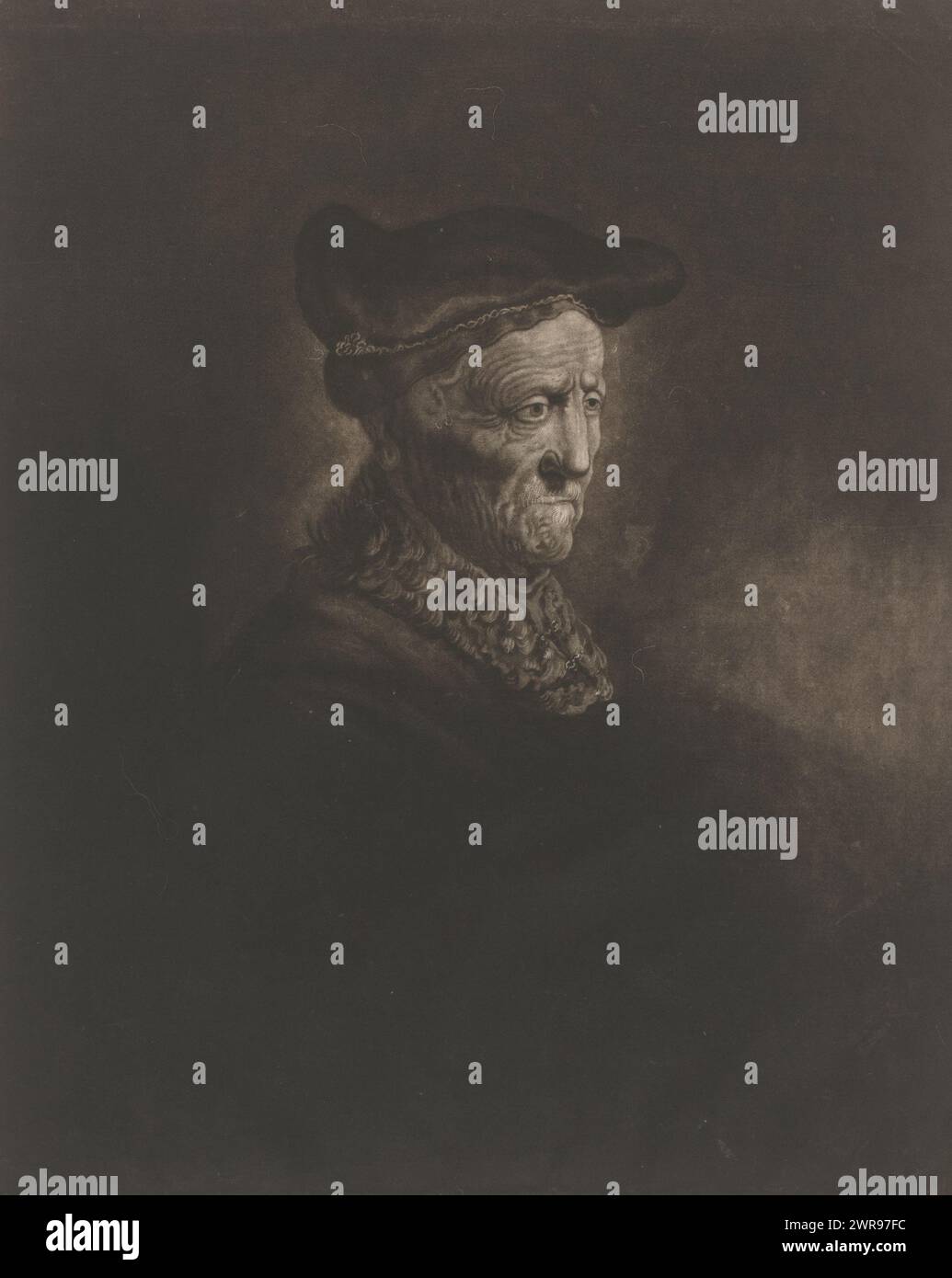 Porträt eines unbekannten Mannes mit Baskenmütze, Druckmacher Charles Phillips, nach Malerei von Atelier Rembrandt, (möglicherweise), nach Malerei von Rembrandt van Rijn, (abgelehnte Zuschreibung), 1769, Papier, Höhe 356 mm x Breite 252 mm, Druck Stockfoto