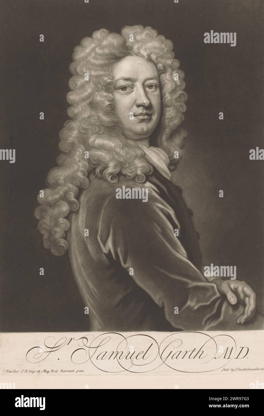 Porträt von Samuel Garth, Druckerei: Jean Simon, nach Malerei von Gottfried Kneller, Verlag: John Smith (Prentmaker/ uitgever), London, 1685 - 1751, Papier, Höhe 352 mm x Breite 250 mm, Druck Stockfoto