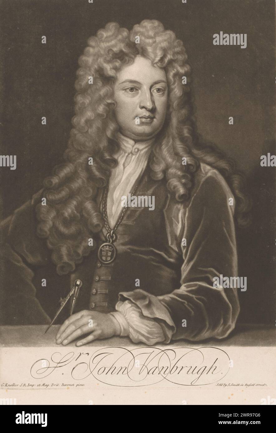 Porträt von John Vanbrugh, Druckerei: Jean Simon, nach Malerei von Gottfried Kneller, Verlag: John Smith (Prentmaker/uitgever), London, 1685 - 1751, Papier, Höhe 352 mm x Breite 249 mm, Druck Stockfoto
