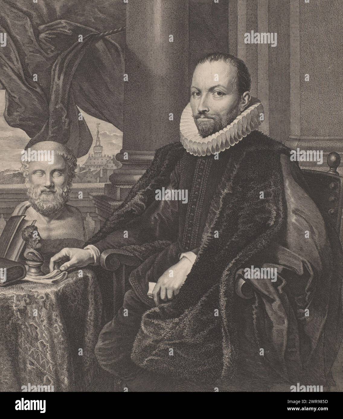 Porträt von Nikolaas Rockox, Porträt von Nikolaas Rockox, Bürgermeister von Antwerpen und Kunstliebhaber. Er sitzt in einem Innenraum mit Büchern und Kunstwerken auf dem Tisch vor ihm, darunter eine Büste des griechischen Redners und Politikers Demosthenes., Druckerei: Lucas Vorsterman (I), nach Malerei von Anthony van Dyck, Antwerpen, 1625 - 1666, Papier, Gravur, Stift, Höhe 337 mm x Breite 270 mm, bedruckt Stockfoto