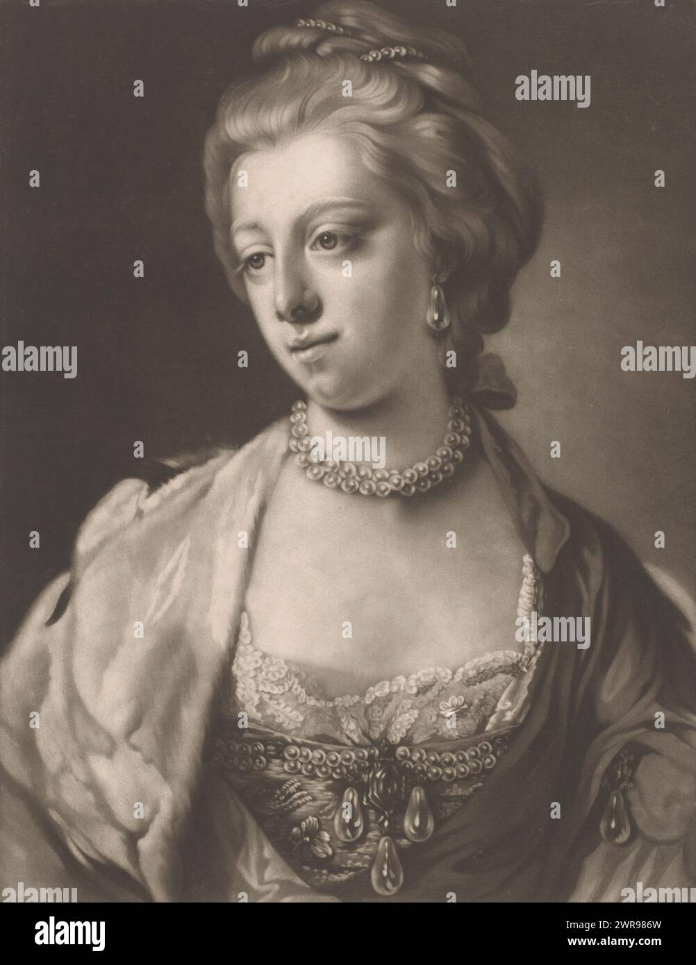 Porträt von Caroline Mathilde aus Wales, Druckerei: James Watson (Druckmacher), nach Malerei von Francis Cotes, London, 1766 - ca. 1770, Papier, Höhe 352 mm x Breite 252 mm, Druck Stockfoto