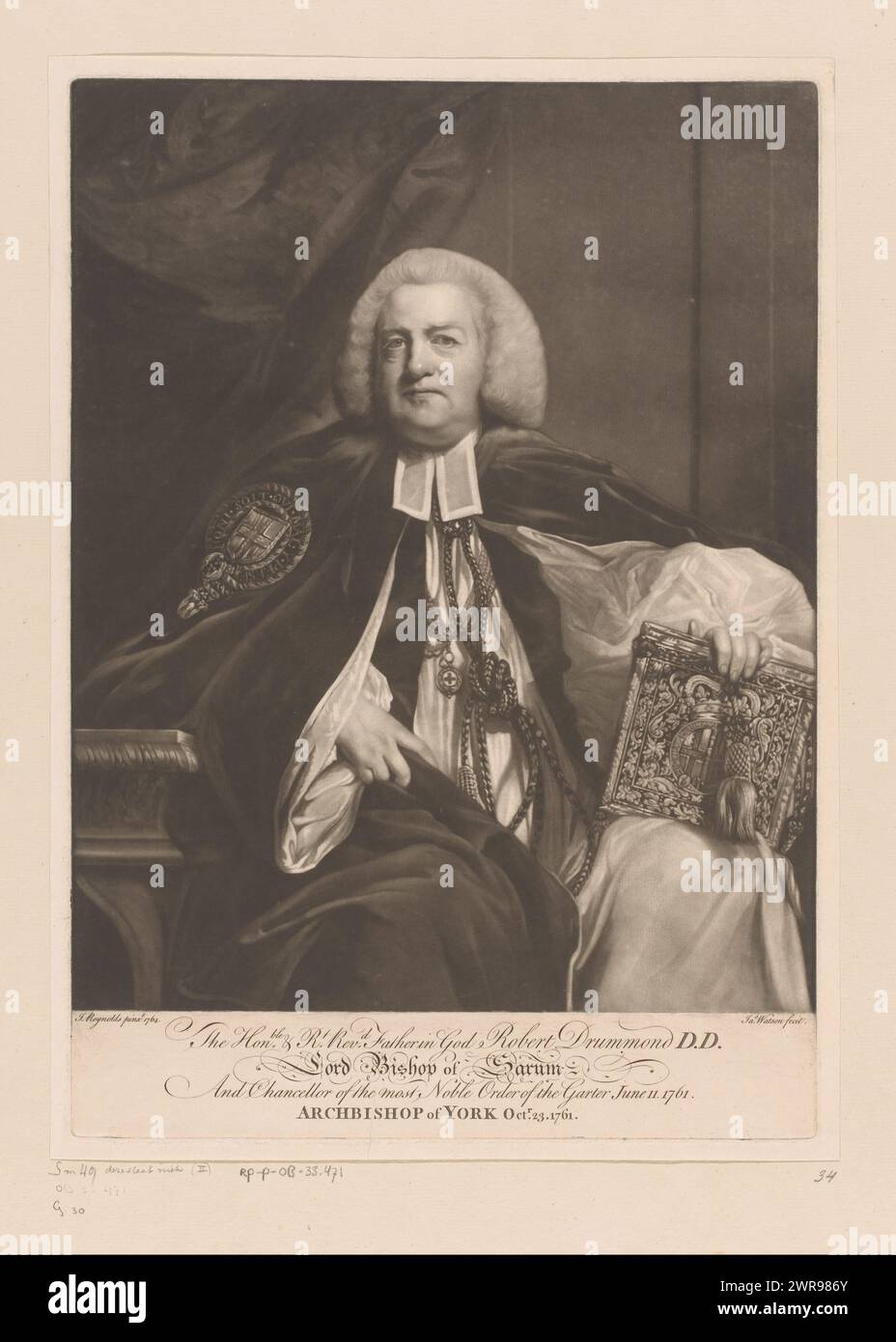 Porträt von Robert Drummond, dem Honble. & Rt. Rev. Vater in Gott Robert Drummond D.D. (...) (Titel auf Objekt), Druckerei: James Watson (Druckmacher), nach Malerei von Joshua Reynolds, London, 1764 - ca. 1766, Papier, Höhe 394 mm x Breite 277 mm, Druck Stockfoto