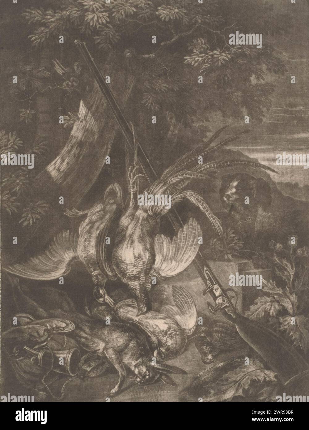 Jagd auf Stillleben mit Geflügel, Hase und Gewehr, Stillleben in der Landschaft. Ein Fasan und eine Ente hängen an der Waffe. Hinter der Waffe ist ein Hund, und darunter liegen noch mehr Vögel und ein Hase. Neben dem Hasen befindet sich ein Jagdhorn., Druckerei: Robert Robinson, England, ca. 1674 - ca. 1706, Papier, Höhe 242 mm x Breite 185 mm, Druck Stockfoto