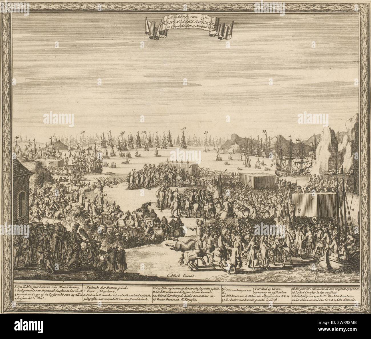 Ankunft von Prinz Wilhelm III. In England, 1688, Ankunft seiner Königlichen Hoheit in England: 15. November. 1688 (title on object), History of the Revolution in England 1688-1691 in 20 Plates (Serientitel), Ankunft von Prinz Wilhelm III. In Torbay in England, 15. November 1688. Ankunft der Flotte des Prinzen mit seinen Truppen. In der Beschriftung die Legende 1-22. Platte 4 in einer Serie von 20 Platten über die ruhmreiche Revolution in England in den Jahren 1688–1691., Druckerei: Johannes Jacobsz van den Aveele, (zugeschrieben), nach Druck von: Bastiaen Stopendael, Verlag: Carel Allard Stockfoto