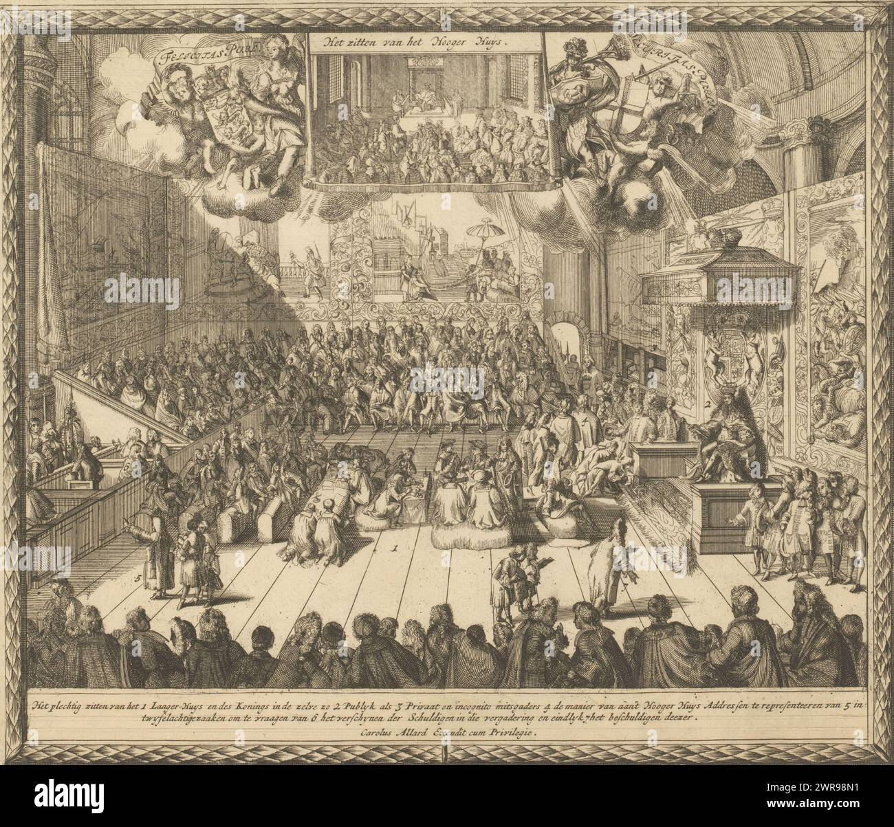 König Wilhelm III. Bei einer Sitzung des House of Commons, 1689, History of the Revolution in England 1688-1691 in 20 Platten (Titel der Serie) nimmt König Wilhelm III. Auf dem Thron sitzend an einer Sitzung des House of Commons, 1689 Teil. Oben auf einem hängenden Kleid ein kleines Bild des House of Lords zwischen Engeln mit den englischen Wappen. Platte 10 in einer Serie von 20 Platten über die glorreiche Revolution in England in den Jahren 1688-1691., Druckerei: Anonym, nach Druck von: Romeyn de Hooghe, Verlag: Carel Allard, Nordholland, 1691, Papier, Ätzen, Höhe 256 mm x Breite 298 mm Stockfoto