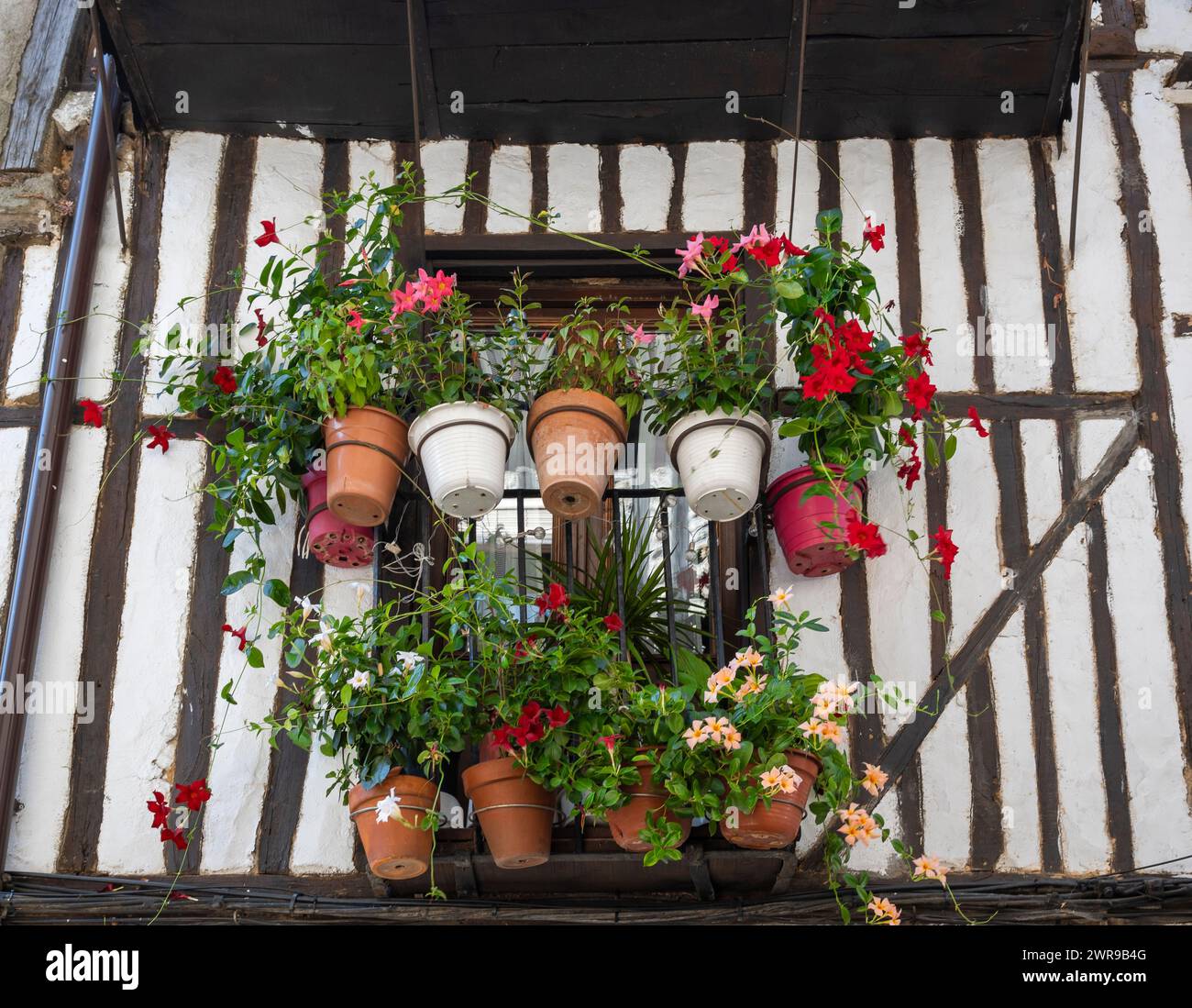 Ein kleiner Balkon mit einer Vielzahl von Töpfen und Töpfen mit Pflanzen in einem traditionellen Holzhaus in der wunderschönen Villa von La Alberca, Spanien Stockfoto