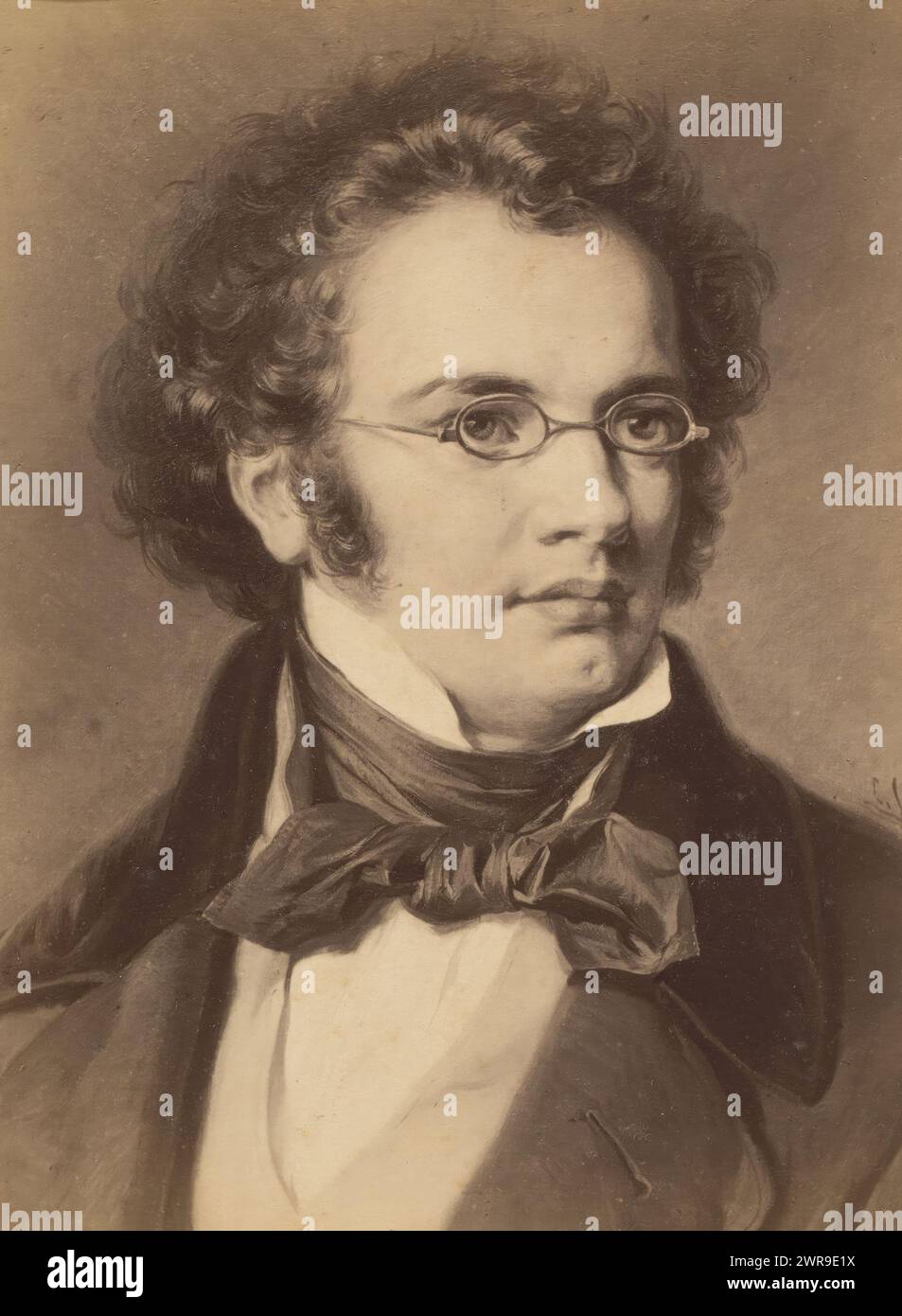 Fotoreproduktion eines gemalten Porträts von Franz Schubert von Carl Jaeger, dieses Foto ist Teil eines Albums., Friedrich Bruckmann, nach Malerei von Carl Jaeger, 1870 - 1890, Karton, Albumendruck, Höhe 134 mm x Breite 96 mm, Fotografie Stockfoto