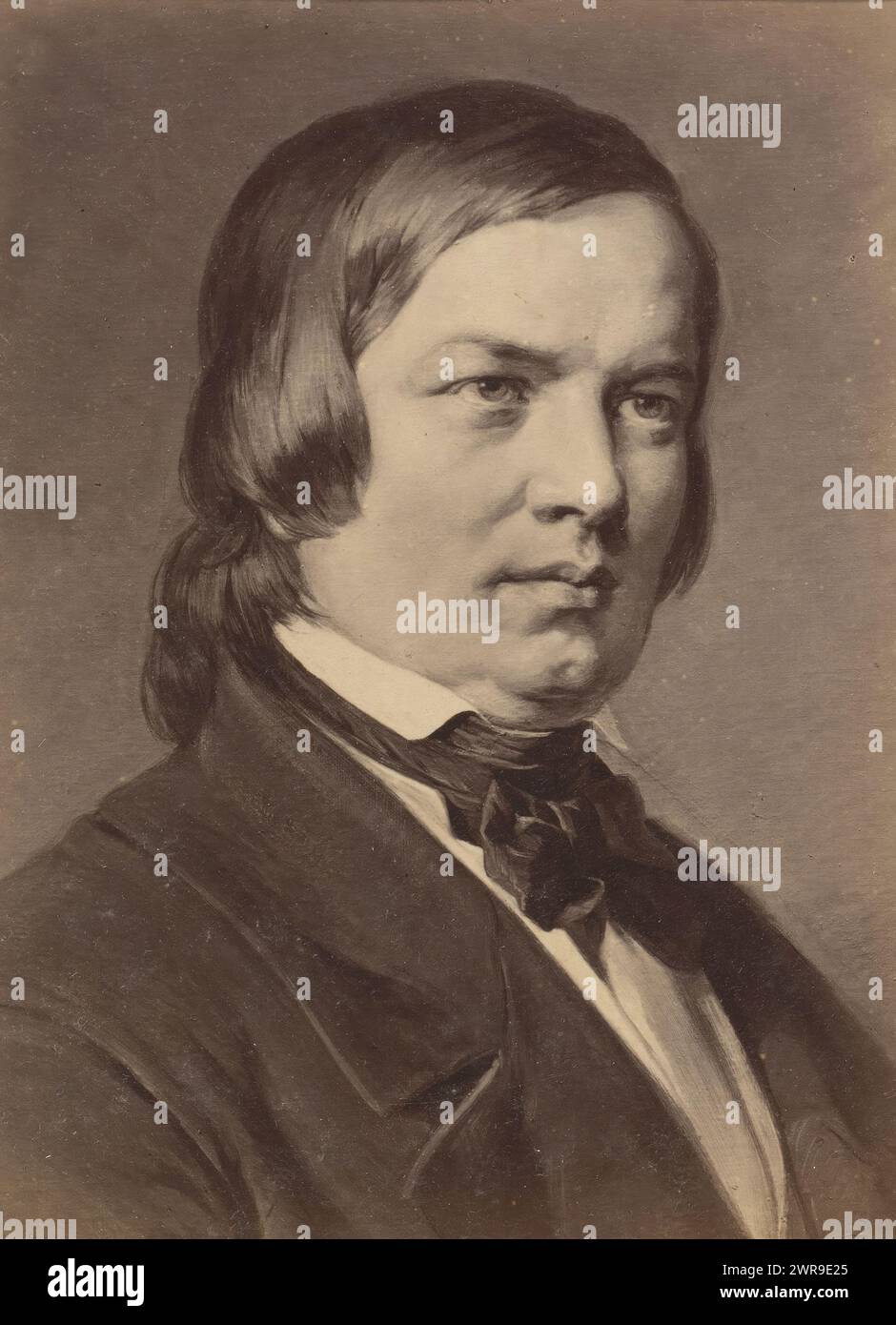 Fotoreproduktion eines gemalten Porträts von Robert Schumann von Carl Jaeger, dieses Foto ist Teil eines Albums., Friedrich Bruckmann, nach Malerei von Carl Jaeger, 1870 - 1890, Karton, Albumendruck, Höhe 134 mm x Breite 96 mm, Fotografie Stockfoto