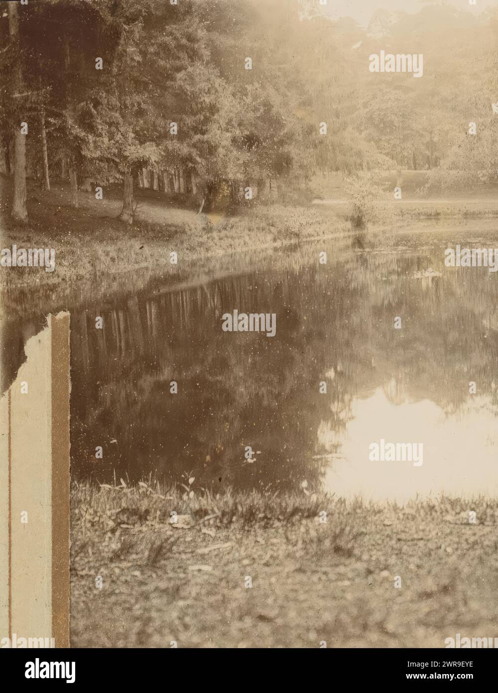 Blick auf einen Teich im Wald, dieses Foto ist Teil eines Albums., anonym, 1890 - 1920, fotografischer Träger, Höhe 84 mm x Breite 50 mm, Foto Stockfoto