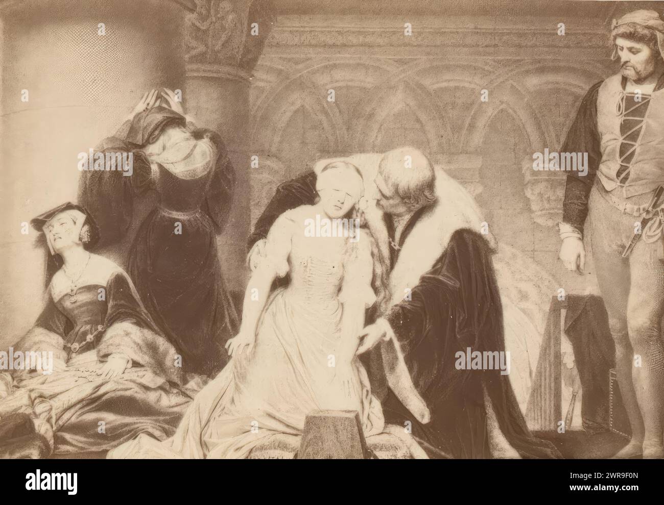 Fotoreproduktion eines Gemäldes der Enthauptung von Lady Jane Grey, anonym, nach Entwurf: Anonym, 1870 - 1900, Karton, Albumendruck, Höhe 101 mm x Breite 62 mm, Fotografie Stockfoto