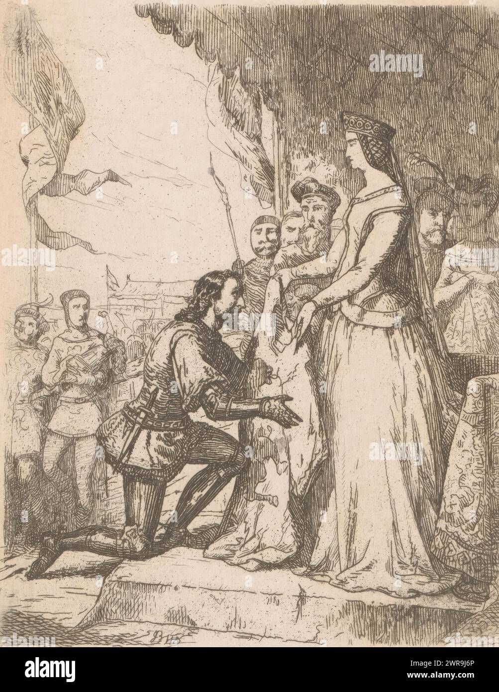 Bruno als sieger des Wettkampfes. Weil er einen Wettkampf gewonnen hat, erhält der Ritter Bruno einen mit Goldfaden bestickten Mantel. Danach fühlt er sich schuldig, weil er mit Zorn und nicht mit edlem Rittermut kämpfte., Druckerei: Johan Bernhard Wittkamp, Verlag: C.L. van Langenhuysen, Amsterdam, 1857, Papier, Ätzen, Höhe 132 mm x Breite 103 mm, bedruckt Stockfoto