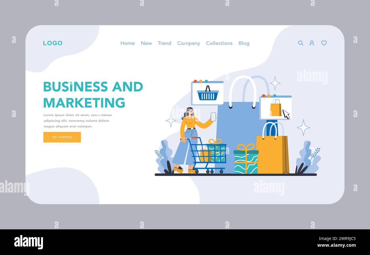 Internet Services Web oder Landing-Page. Business und Marketing. Modernes Online-Shopping-Erlebnis mit digitalem Konsum und virtuellen Transaktionen. Sichere Checkout-Prozesse. Stock Vektor