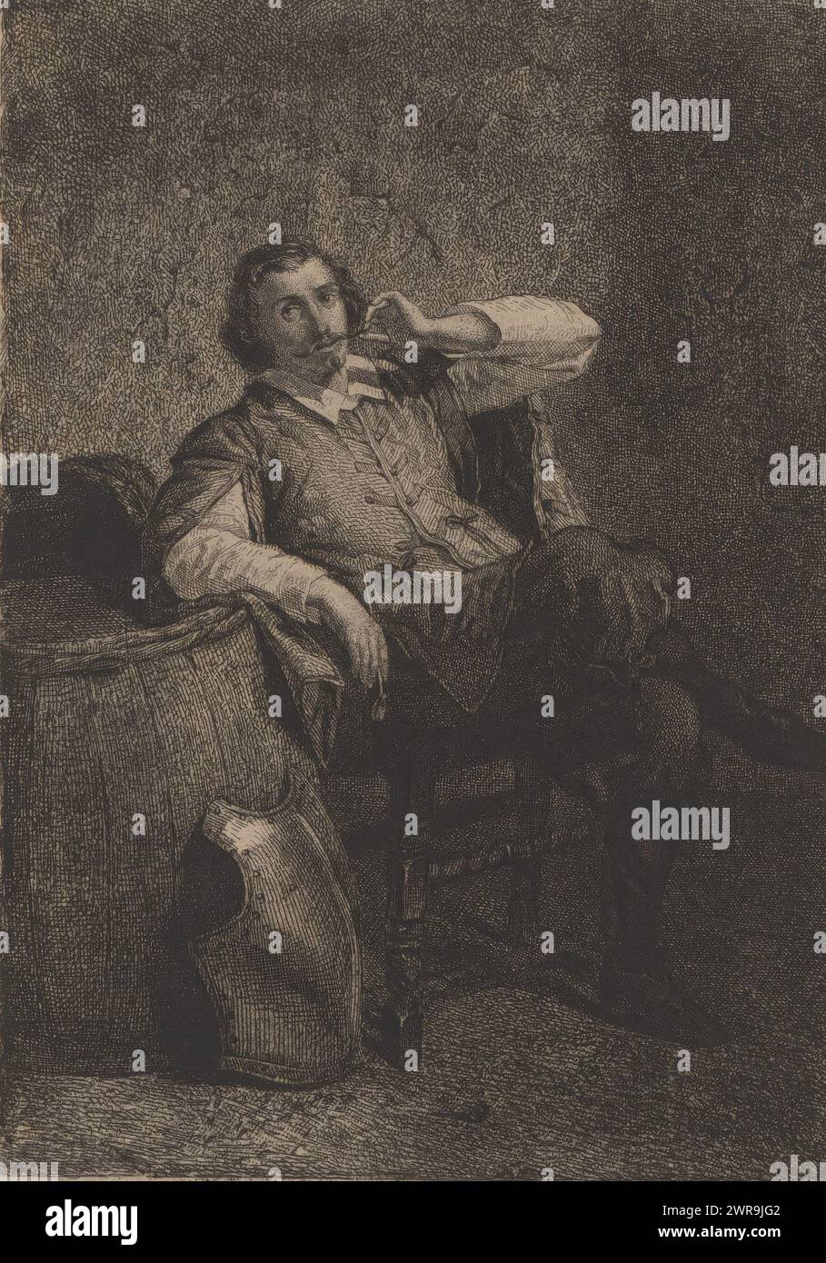 Ruhender Soldat mit Kürass, Druckerei: Léopold Flameng, nach Entwurf: Van 't Velt, 1841 - 1874, Papier, Ätzung, Höhe 191 mm x Breite 134 mm, Druck Stockfoto