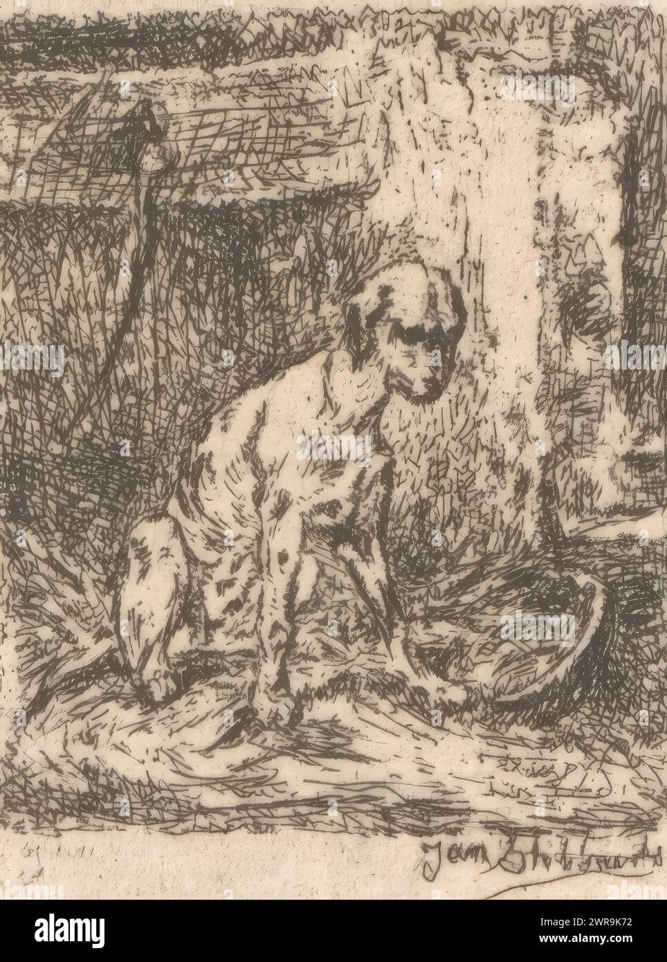 Hund im Käfig, Druckerei: Jan Stobbaerts, 1848 - 1879, Papier, Ätzen, Höhe 50 mm x Breite 42 mm, Druck Stockfoto