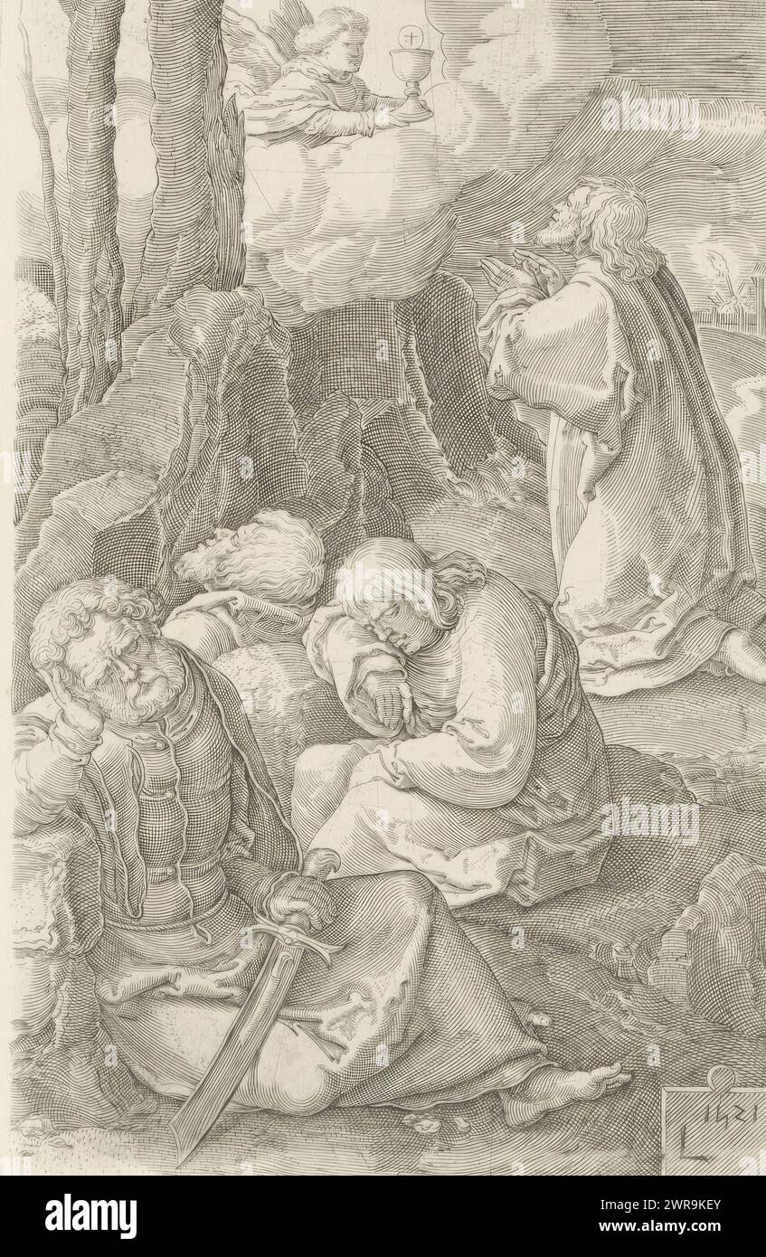 Christ in Gethsemane, Passion of Christ (Titel der Serie), die Leiden Christi 14 Blatt. Nach Lucas von Leyden in Kupfer gestochen von J. Müller (Serientitel), Teil eines Covers mit vierzehn Drucken., Druckerei: Jan Harmensz. Müller, nach Druck von: Lucas van Leyden, Verlag: Clement de Jonghe, (abgelehnte Zuschreibung), ca. 1615 - ca. 1620 und/oder 1800 - in oder vor ca. 1891, Papier, Gravur, Höhe 120 mm x Breite 178 mm, Druck Stockfoto