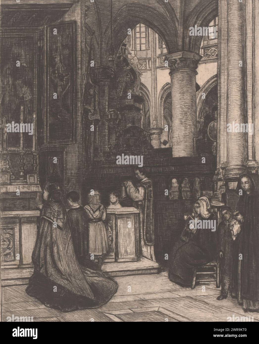 Seitenkapelle der St. James' Church mit Figuren am Altar, Druckerei: Théodore Joseph Cleynhens, (signiert vom Künstler), 1851 - 1895, Papier, Ätzung, Trockenpunkt, Höhe 240 mm x Breite 180 mm, bedruckt Stockfoto