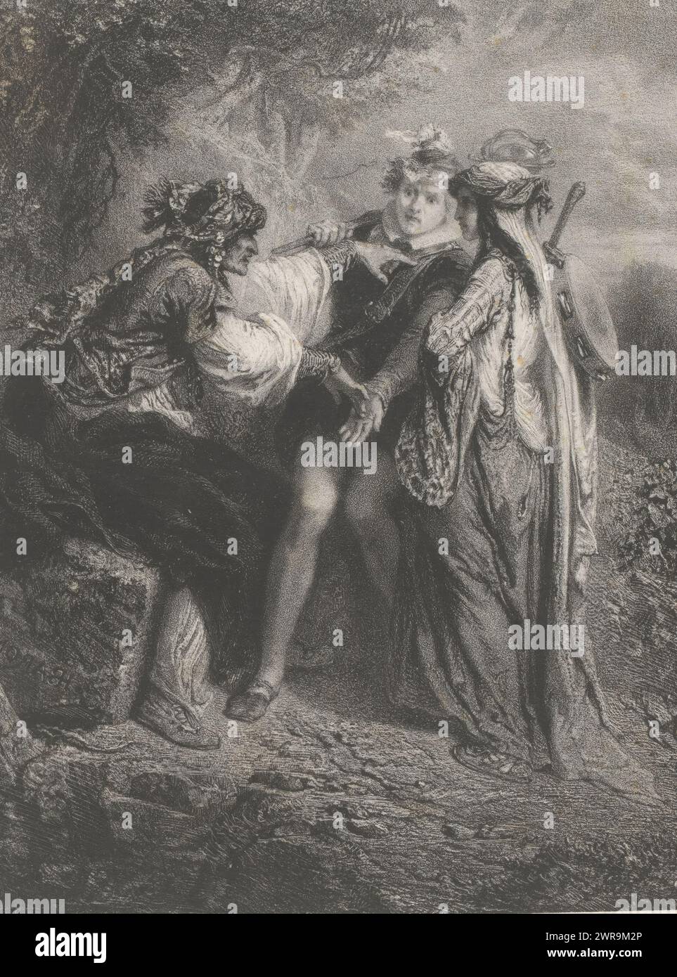 Mann und Frau begegnen Hexe, La sorcière (Titel über Objekt), antike und zeitgenössische Künstler (Titel der Serie), Les artistes anciens et moderns (Titel der Serie), Druckerei: Henri Charles Antoine Baron, nach eigenem Entwurf von Henri Charles Antoine Baron, Drucker: Victor Jacques Bertauts, Paris, 1850, Papier, Höhe 315 mm x Breite 215 mm, bedruckt Stockfoto