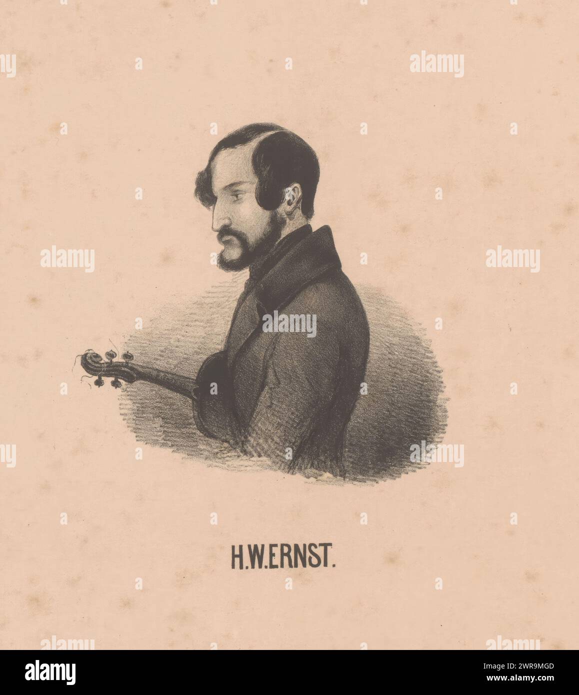 Porträt von Heinrich Wilhelm Ernst, der Sitter ist im Profil dargestellt. Er trägt eine Geige unter dem Arm. Sein Name unter dem Porträt., Druckerei: Hendrik Anthony Frederik Agathus Gobius, nach eigenem Entwurf von: Hendrik Anthony Frederik Agathus Gobius, Drucker: Pieter Wilhelmus van de Weijer, Utrecht, 1825 - 1865, Papier, Höhe 320 mm x Breite 235 mm, Druck Stockfoto